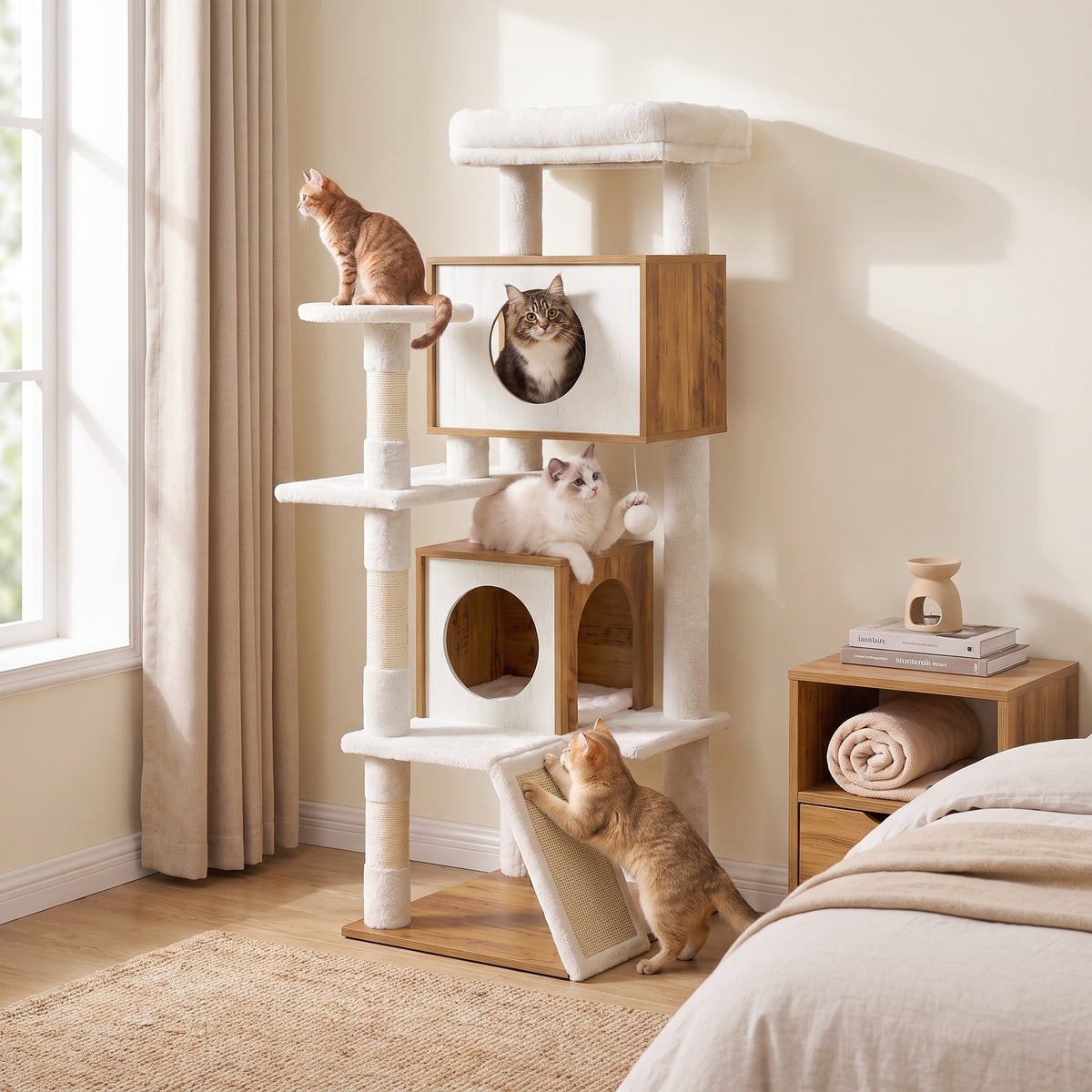 LEDREM Wood Cat Tree, 5-Tier Cat Tower with Scratching Post and 2 Condos, 53.9 Inches, Tan and White