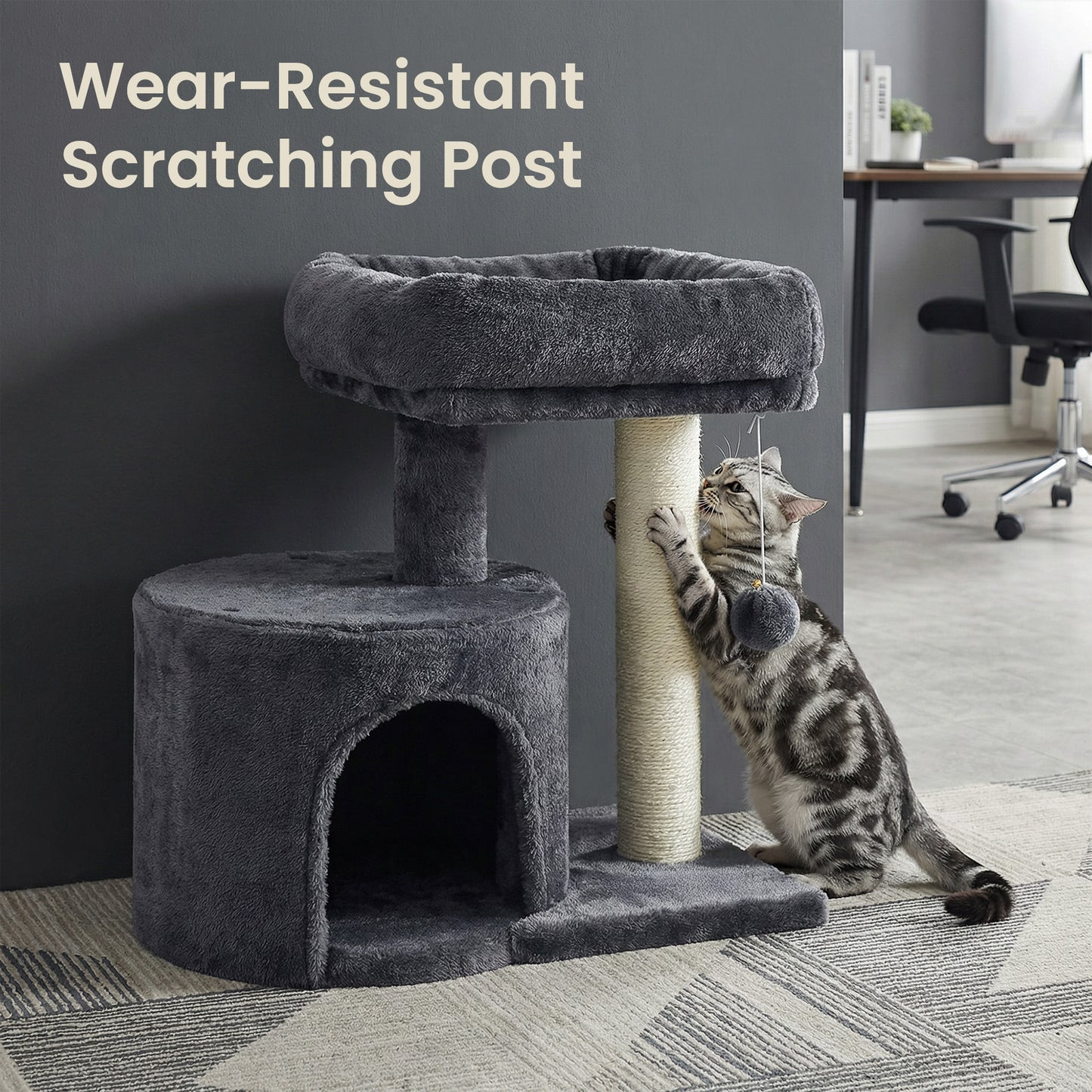 Small Cat Tree Tower with Sisal Scratching Post, Plush Condo with Padded Perch & Cave, for Kittens, Small Spaces,Smoky Gray