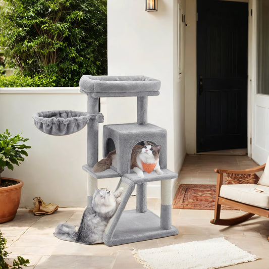 37.8-Inch Multi-Level Cat Tree with Widened Perch & 2-Door Cave - Small Cat Tower with Scratching Ramp for Large Cats, Light Gray