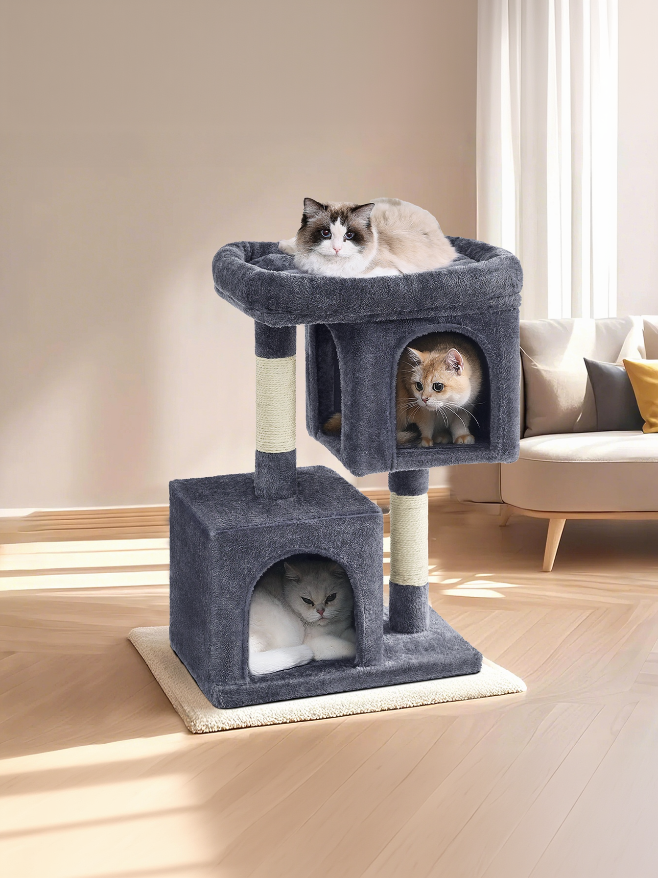 29.1-Inch Cat Tree Tower with Large Perch & 2 Caves, Plush Condo for Medium Cats up to 11 lb, with Scratching Posts, Smoky Gray