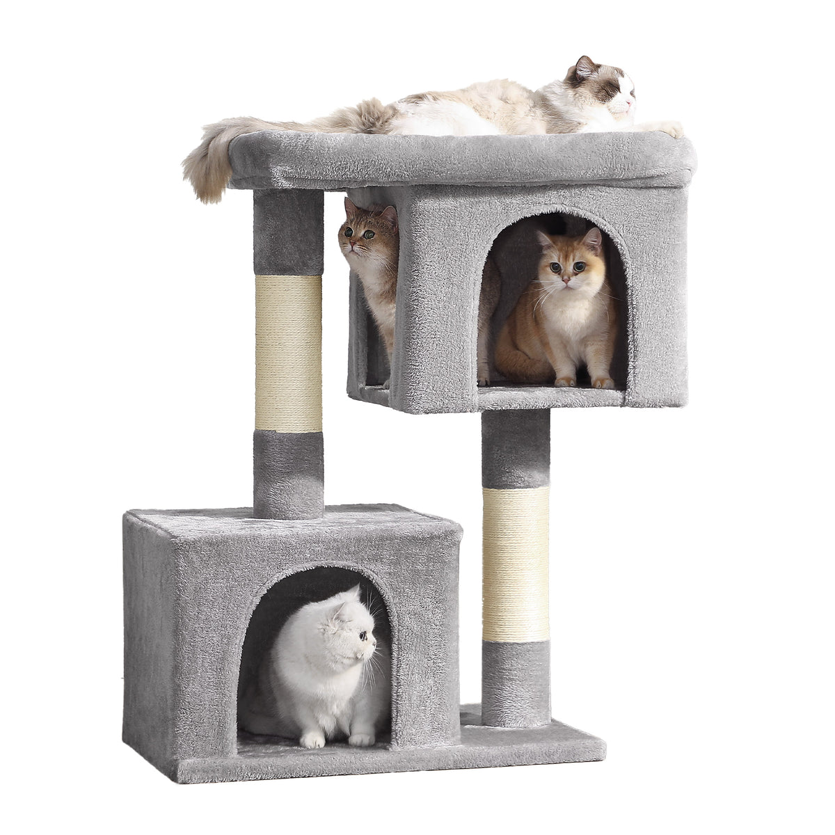 LEDREM Cat Tree, Cat Tower, with Large Cat Perch, 2 Cat Caves, Scratching Post, Light Gray