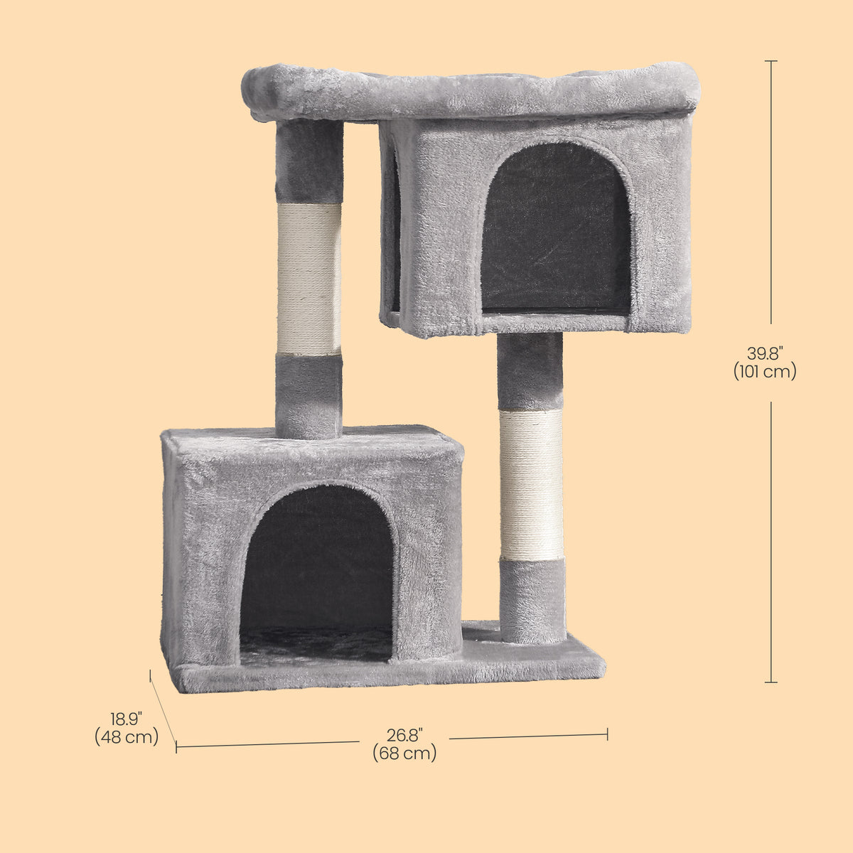 LEDREM Cat Tree, Cat Tower, with Large Cat Perch, 2 Cat Caves, Scratching Post, Light Gray