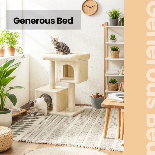 33.1-Inch Cat Tree for Large Cats - XL Perch & 2 Caves with Scratching Posts - Multi-Level Cat Condo with Anti-Tip Kit, Beige