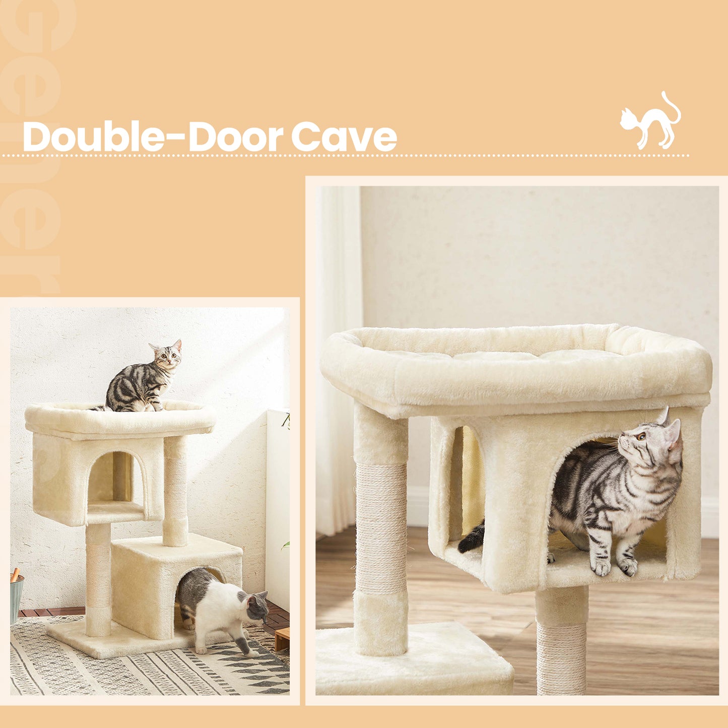 33.1-Inch Cat Tree for Large Cats - XL Perch & 2 Caves with Scratching Posts - Multi-Level Cat Condo with Anti-Tip Kit, Beige