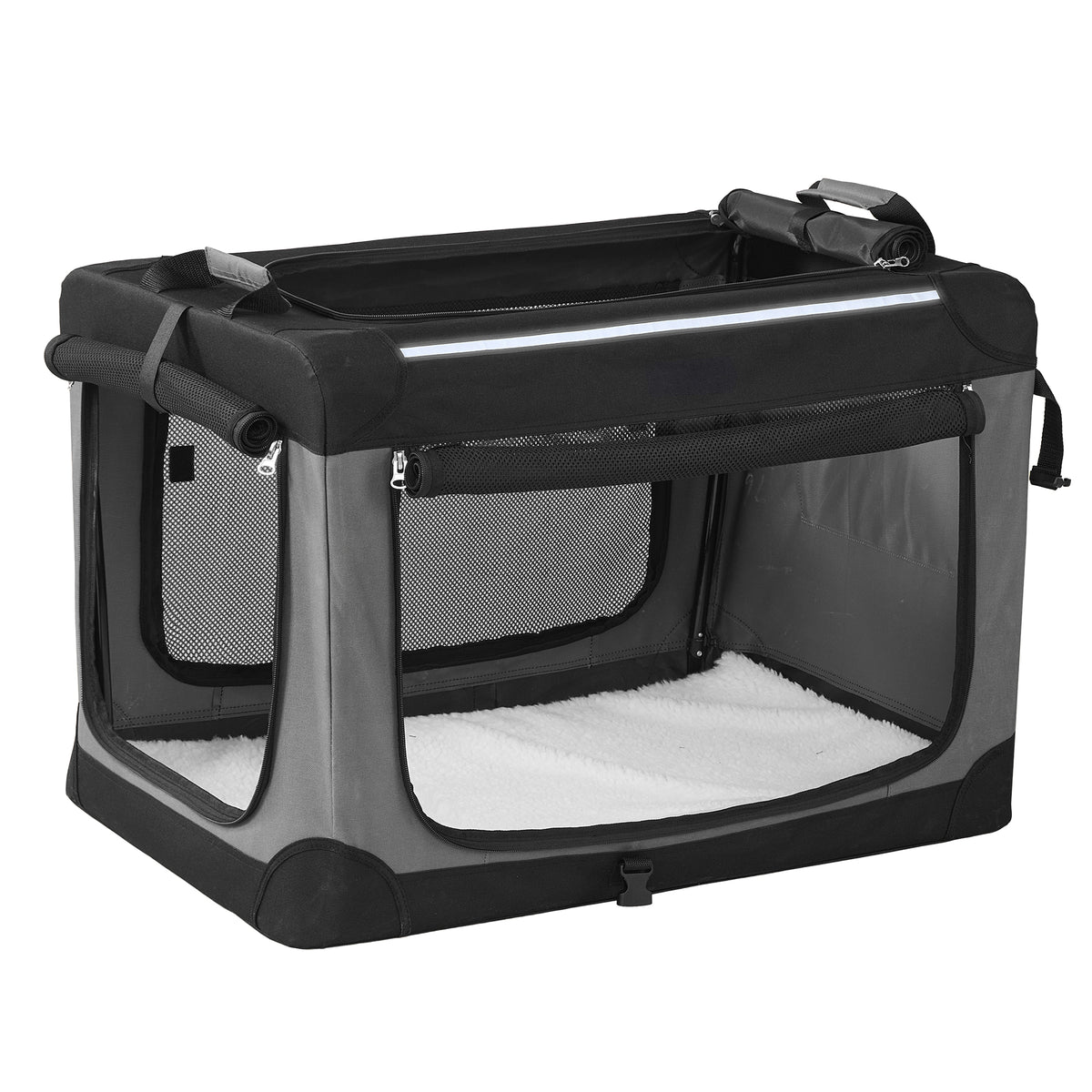 LEDREM Collapsible Dog Crate, Soft-Sided Travel Pet Carrier with 4 Mesh Doors, 30 x 21 x 21 Inches, Black