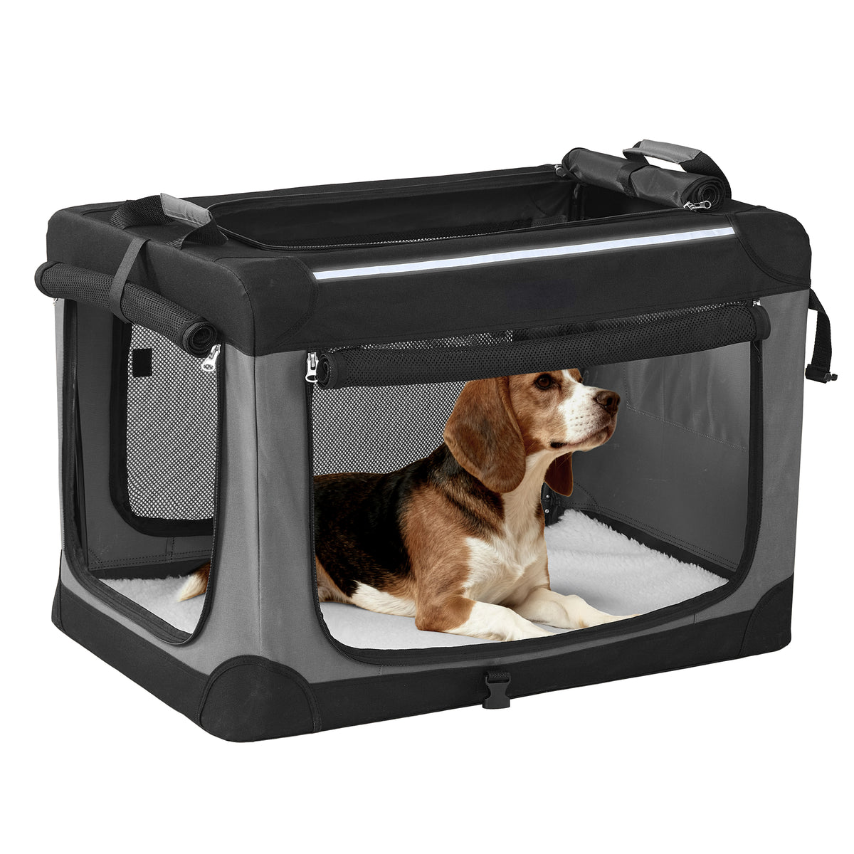 LEDREM Collapsible Dog Crate, Soft-Sided Travel Pet Carrier with 4 Mesh Doors, 30 x 21 x 21 Inches, Black