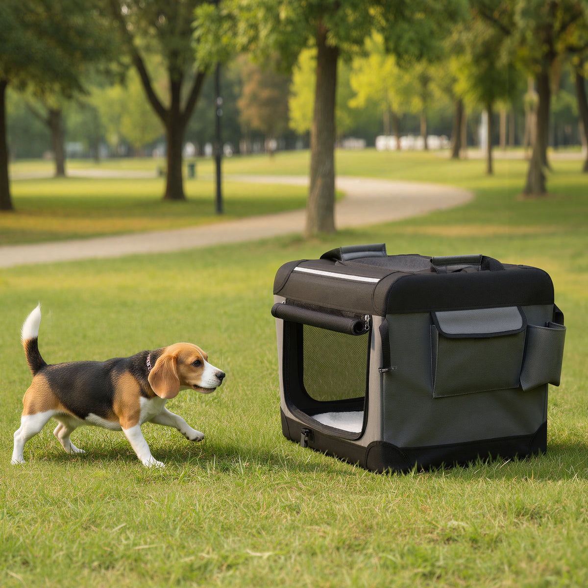 LEDREM Collapsible Dog Crate, Soft-Sided Travel Pet Carrier with 4 Mesh Doors, 30 x 21 x 21 Inches, Black