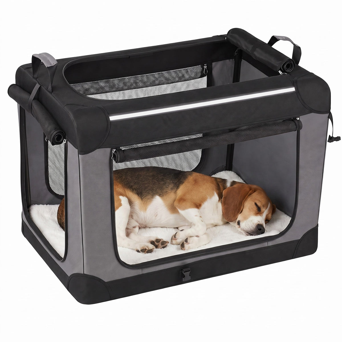 LEDREM Foldable Soft Dog Crate with Steel Frame and Fleece Mat, 36 x 25 x 25 inches, Ink Black and Dove Gray