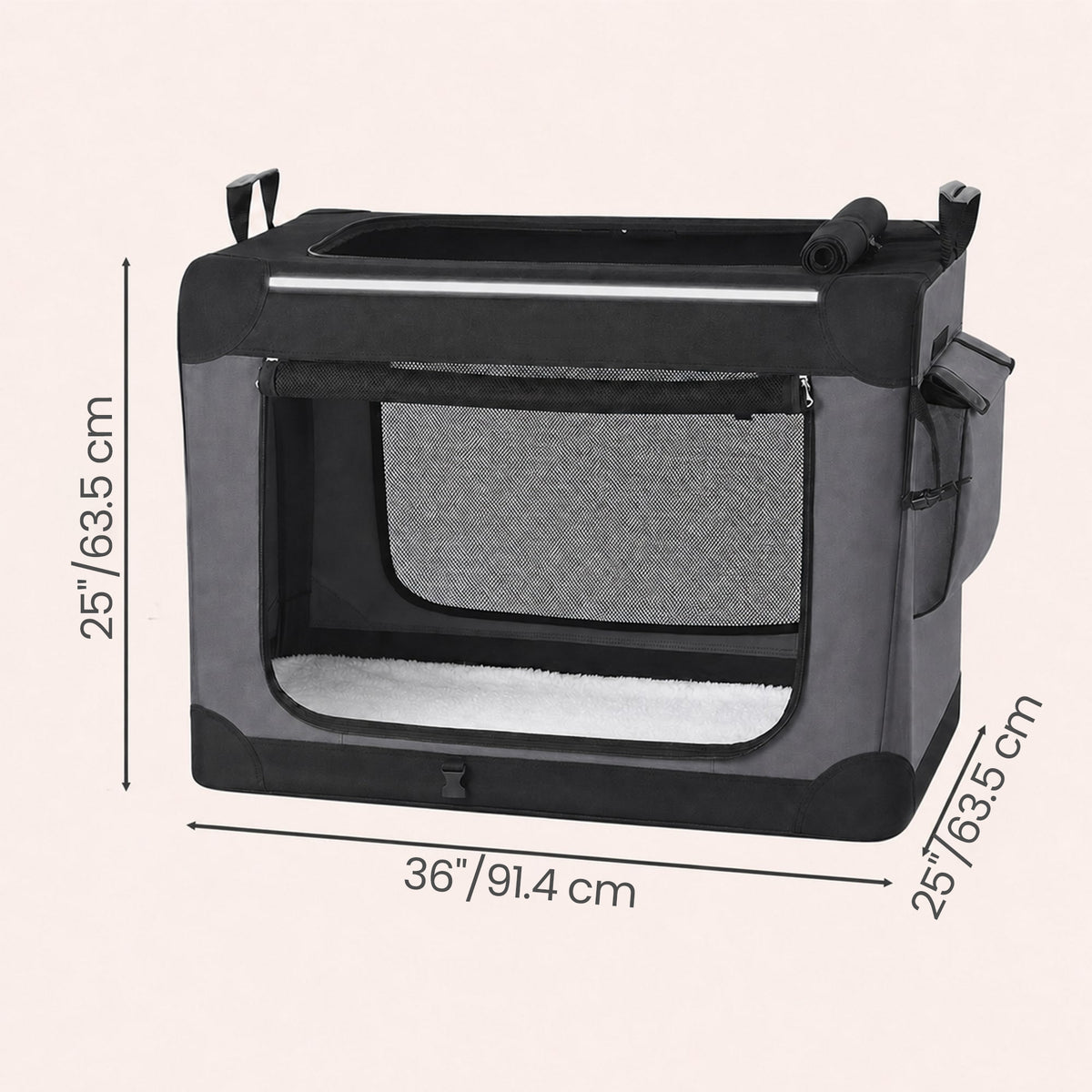 LEDREM Foldable Soft Dog Crate with Steel Frame and Fleece Mat, 36 x 25 x 25 inches, Ink Black and Dove Gray