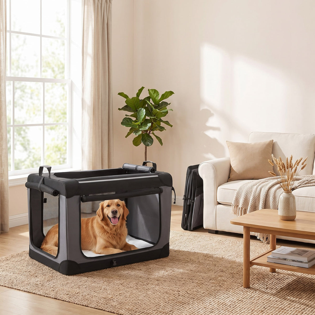 LEDREM Foldable Soft Dog Crate with Steel Frame and Fleece Mat, 36 x 25 x 25 inches, Ink Black and Dove Gray
