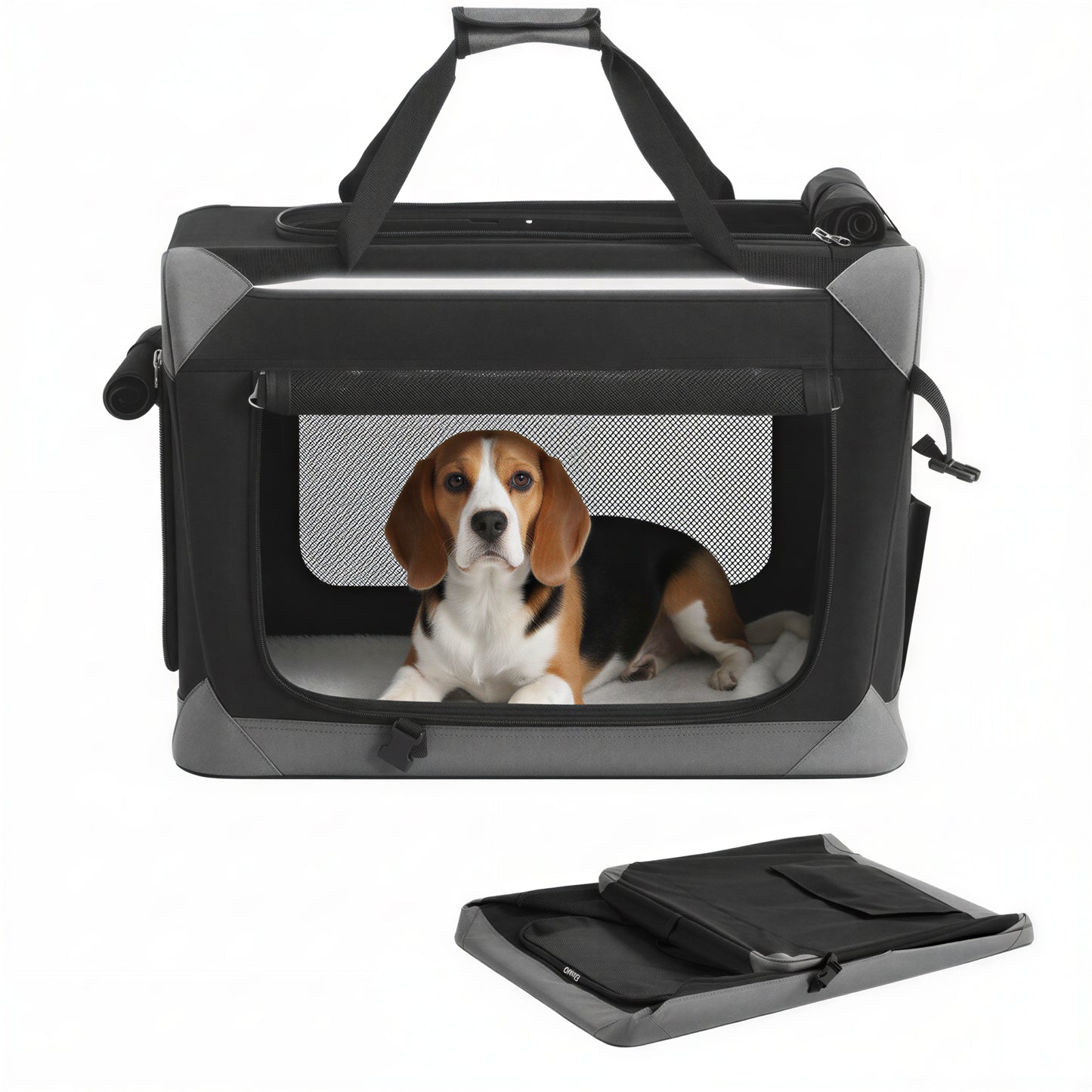 Collapsible Dog Crate, Portable Oxford Fabric Pet Travel Crate with 4 Mesh Doors, Handles, Pockets, 24 Inches for Small Dogs, Ink Black and Dove Gray