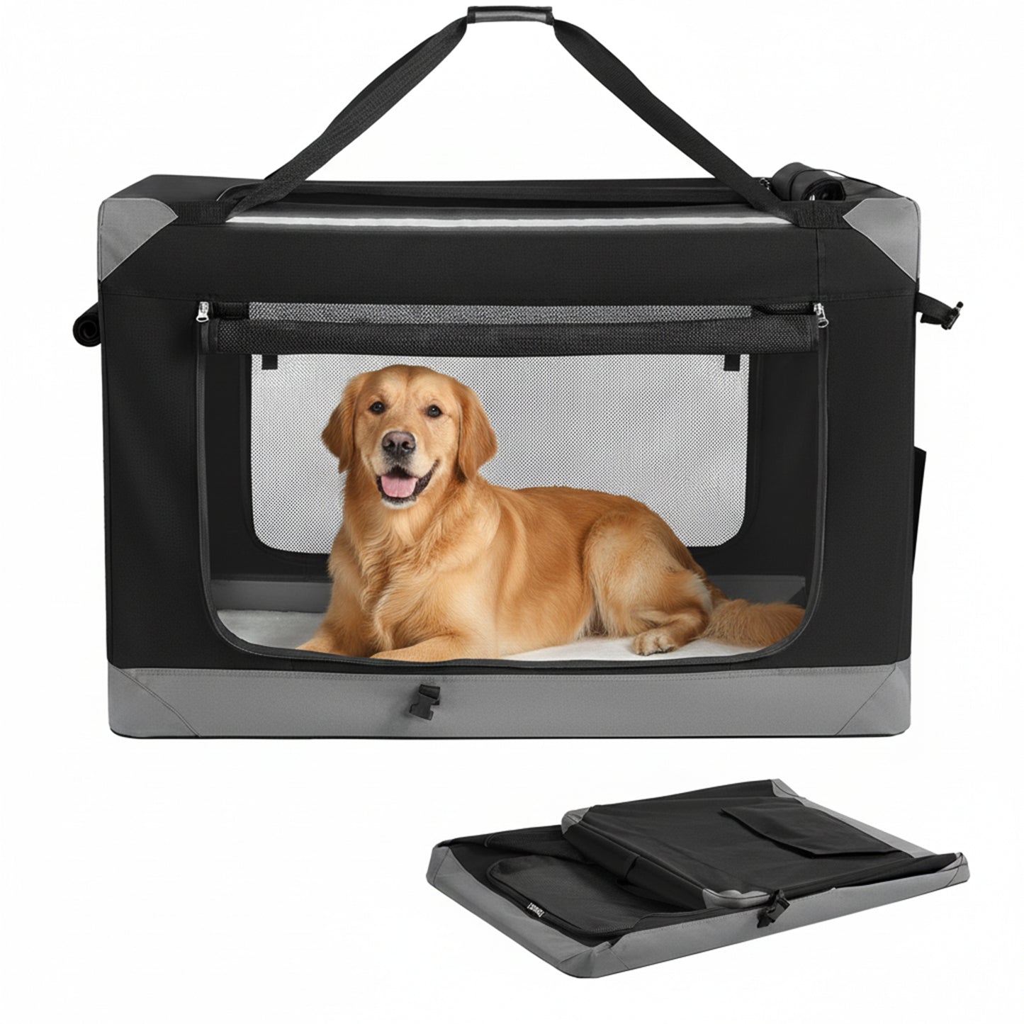 Collapsible Dog Crate, Portable Oxford Fabric Pet Travel Crate with 4 Mesh Doors, Handles, Pockets, 42 Inches for Large Dogs, Ink Black and Dove Gray