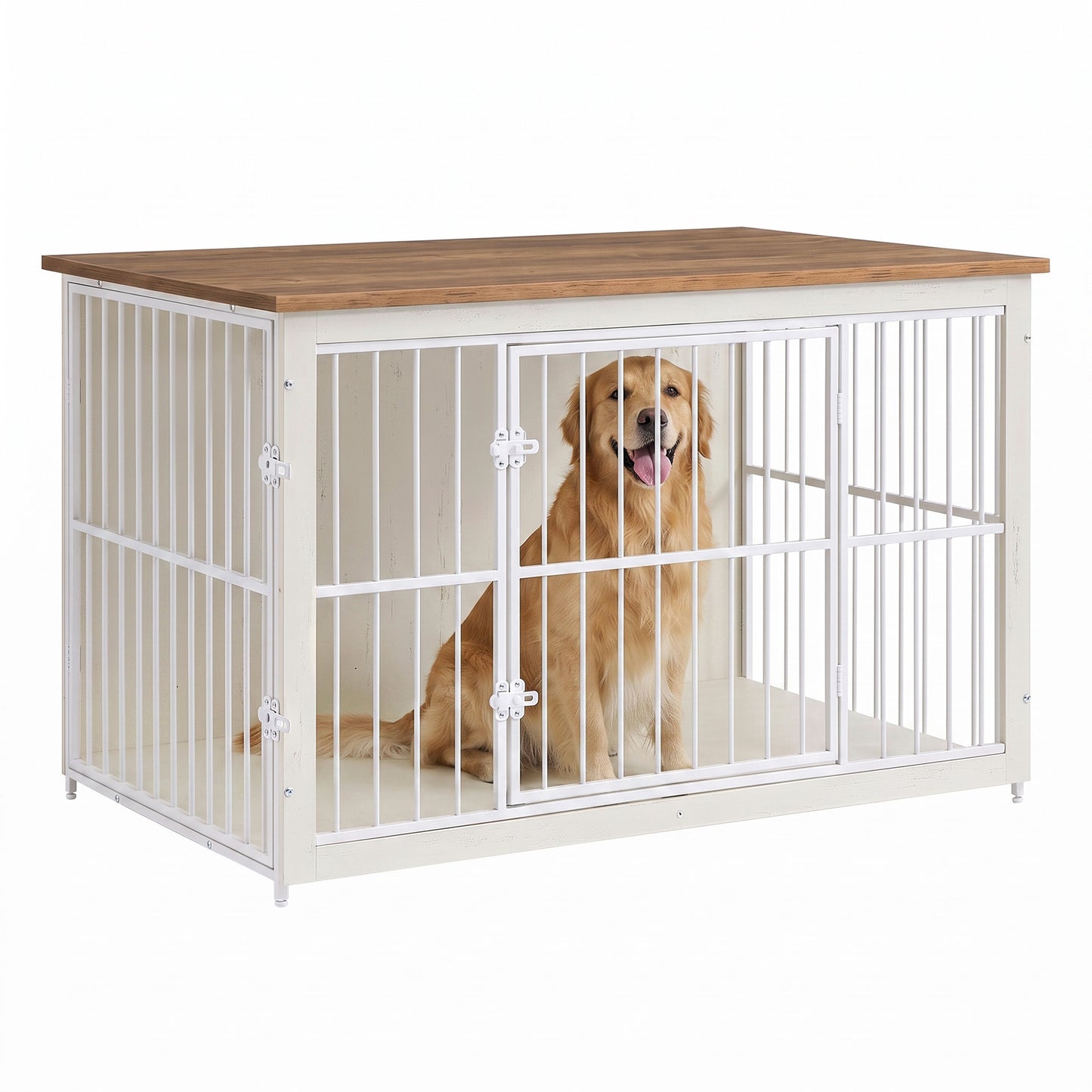 Wooden Dog Crate Furniture with Double Doors, 48" Kennel Side Table for Large Dogs, Removable Tray, Rustic White & Honey Brown