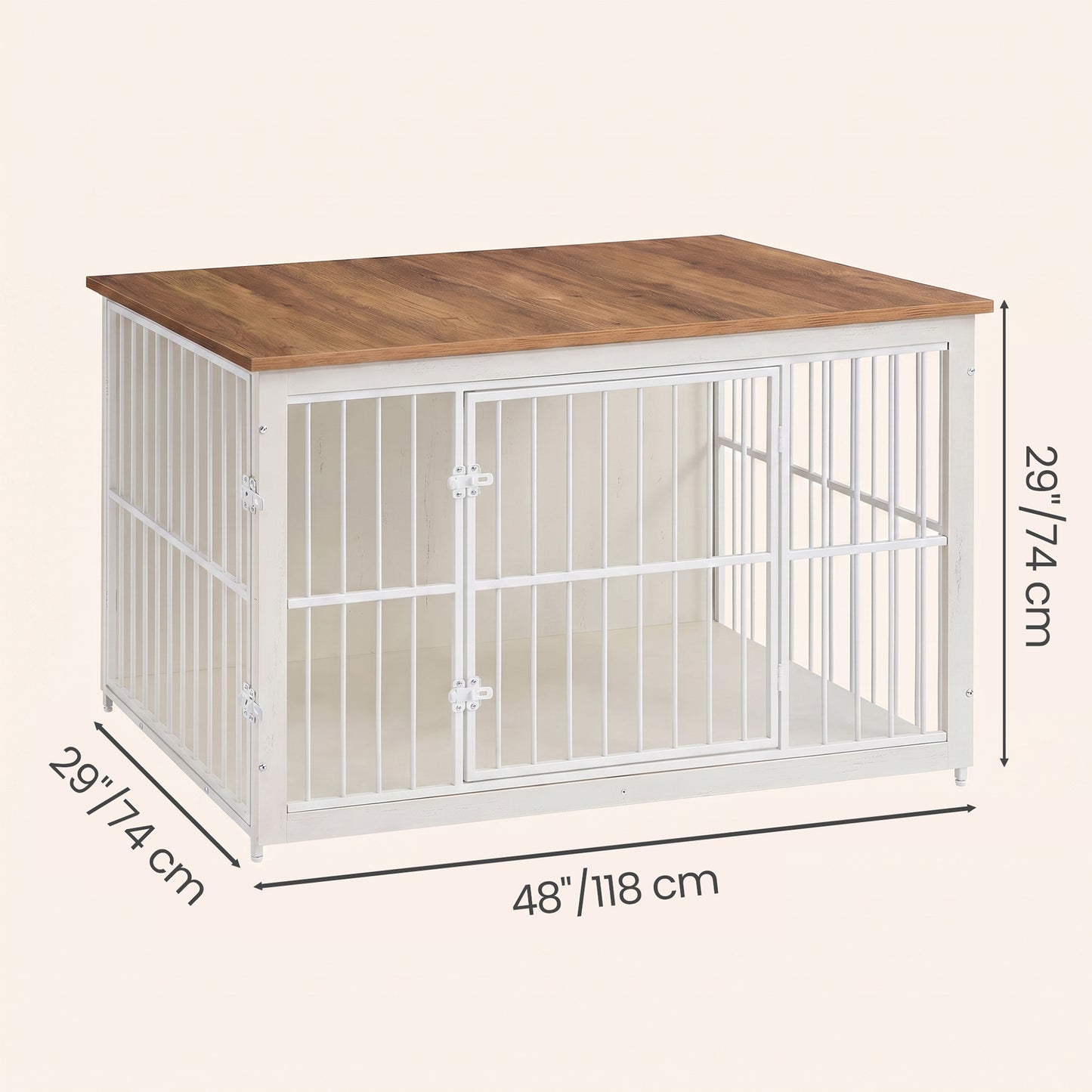 Wooden Dog Crate Furniture with Double Doors, 48" Kennel Side Table for Large Dogs, Removable Tray, Rustic White & Honey Brown