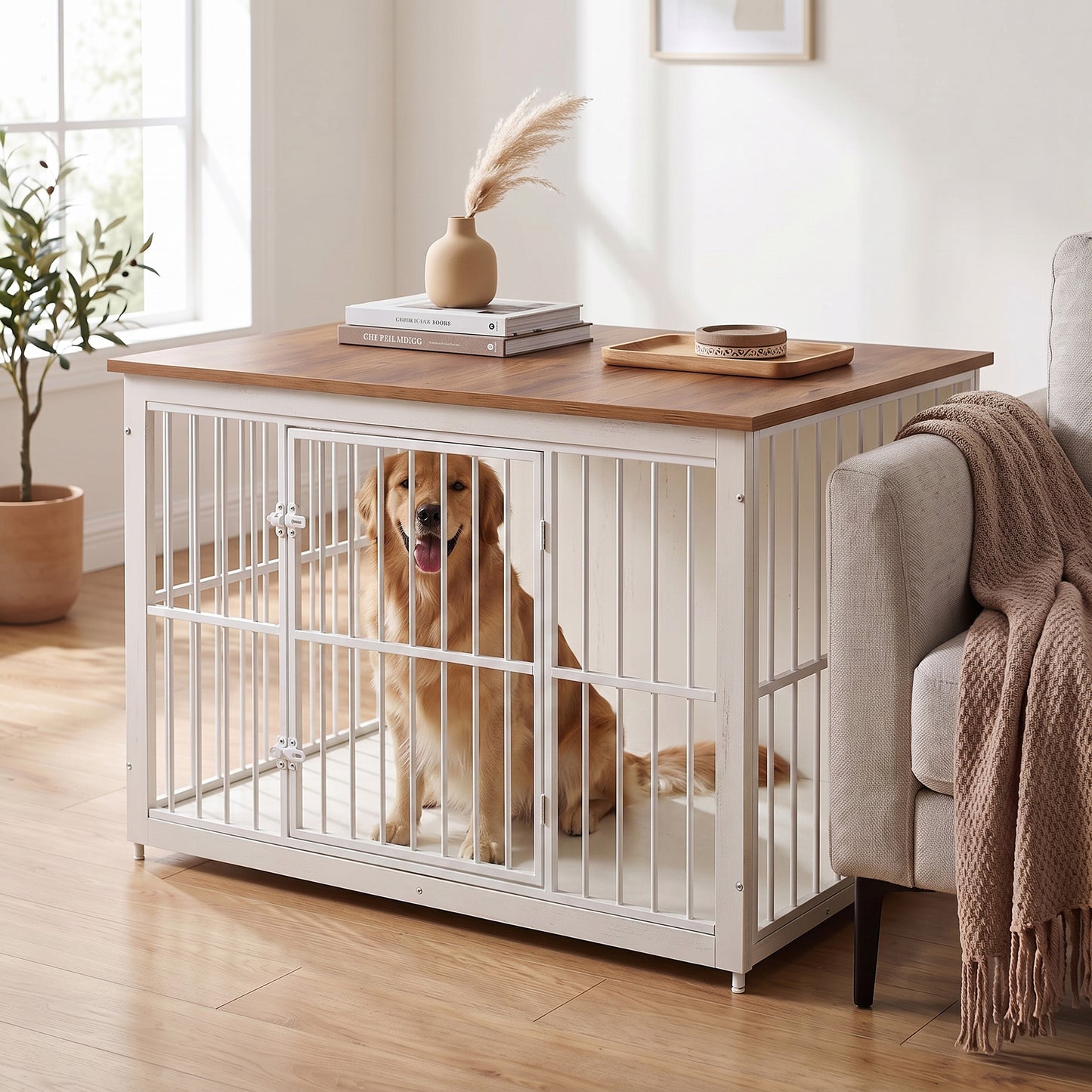 Wooden Dog Crate Furniture with Double Doors, 48" Kennel Side Table for Large Dogs, Removable Tray, Rustic White & Honey Brown