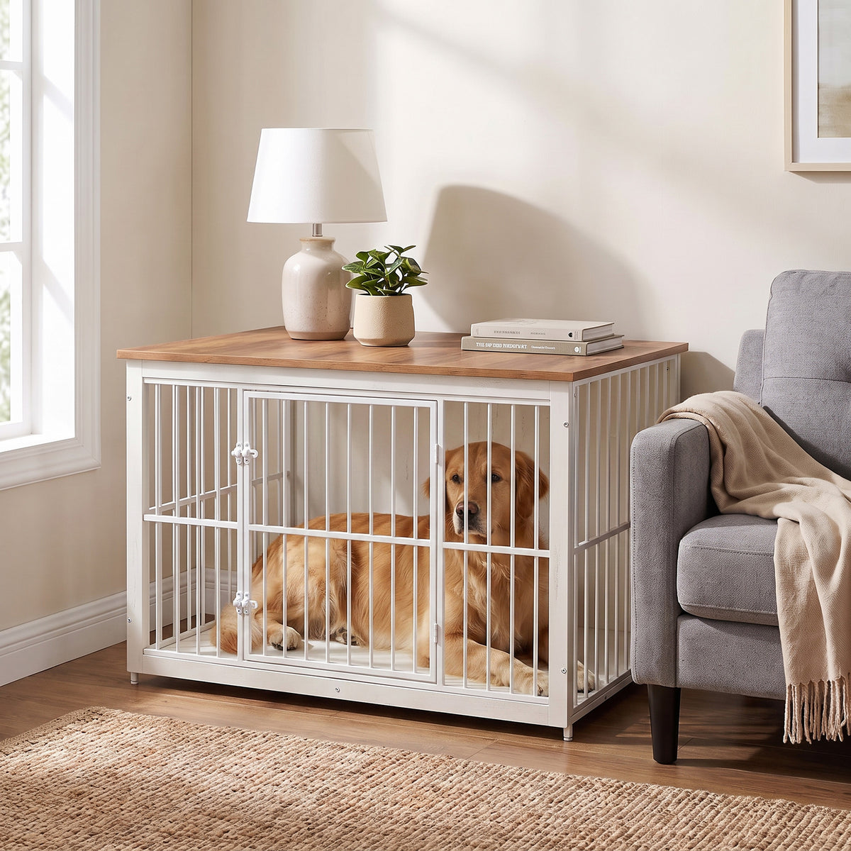Wooden Dog Crate Furniture with Double Doors, 48" Kennel Side Table for Large Dogs, Removable Tray, Rustic White & Honey Brown