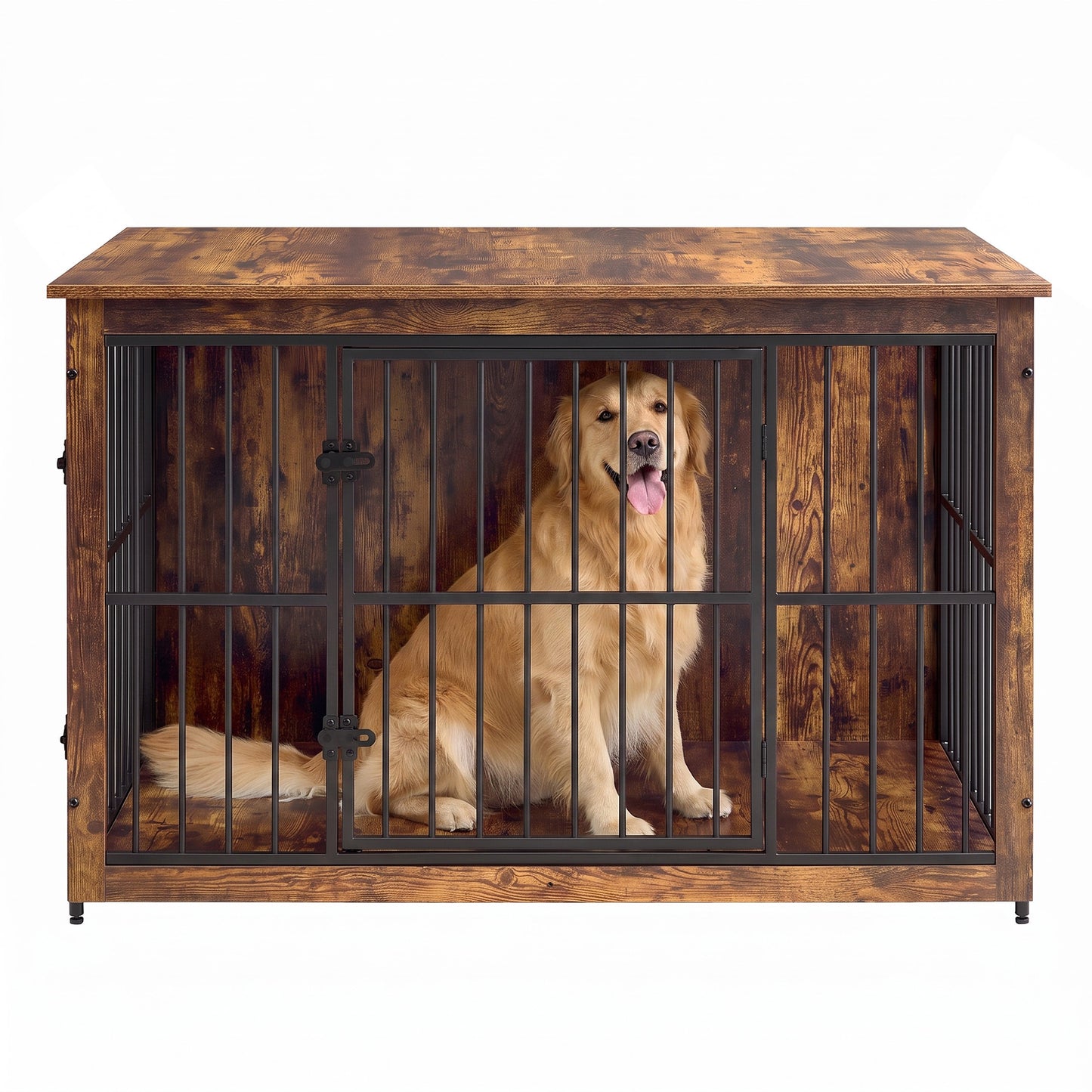 Wooden Dog Crate Furniture with Double Doors, 48" Kennel Side Table for Large Dogs, Removable Tray, Rustic Brown