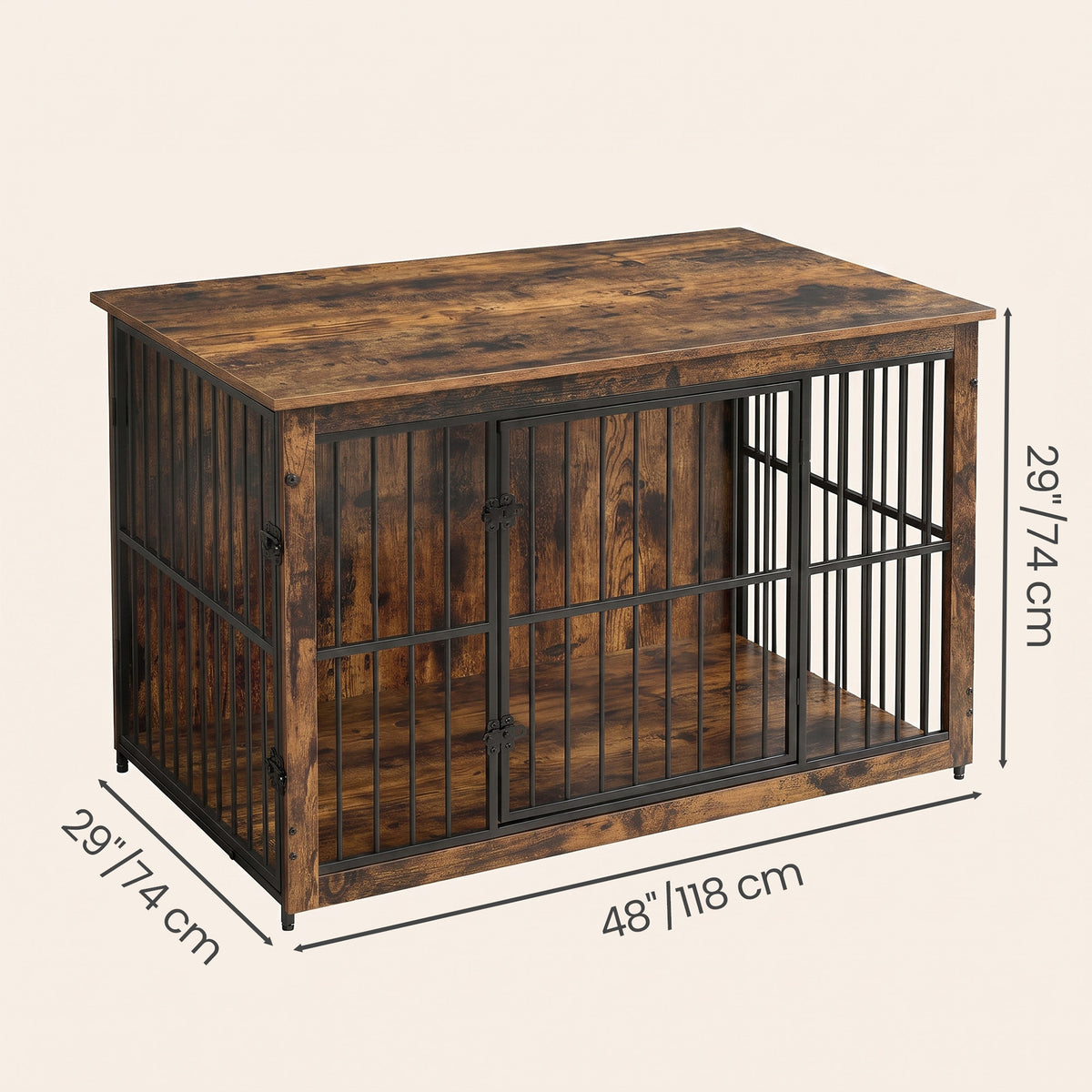Wooden Dog Crate Furniture with Double Doors, 48" Kennel Side Table for Large Dogs, Removable Tray, Rustic Brown