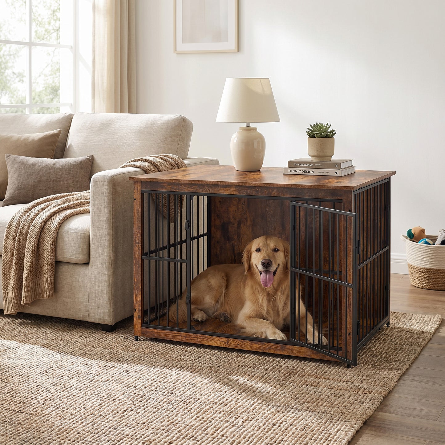 Wooden Dog Crate Furniture with Double Doors, 48" Kennel Side Table for Large Dogs, Removable Tray, Rustic Brown