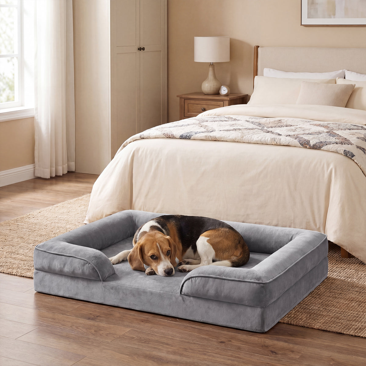 LEDREM Sofa Dog Bed with Egg Crate Foam, Waterproof Washable Cover, Non-Slip, 35 x 24.8 x 6.3 inches, Grey