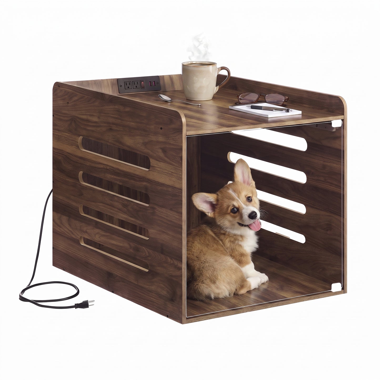 Modern Dog Crate Furniture with Charging Station, Medium Kennel Side Table with Flip-Up Acrylic Door, for Dogs up to 45 lb, Natural