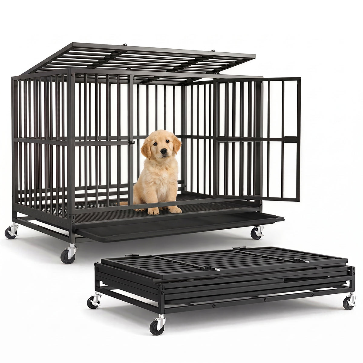 Heavy Duty Dog Crate, Foldable Pet Cage with Double Doors and Wheels, 37 x 23 x 28 Inches, Black