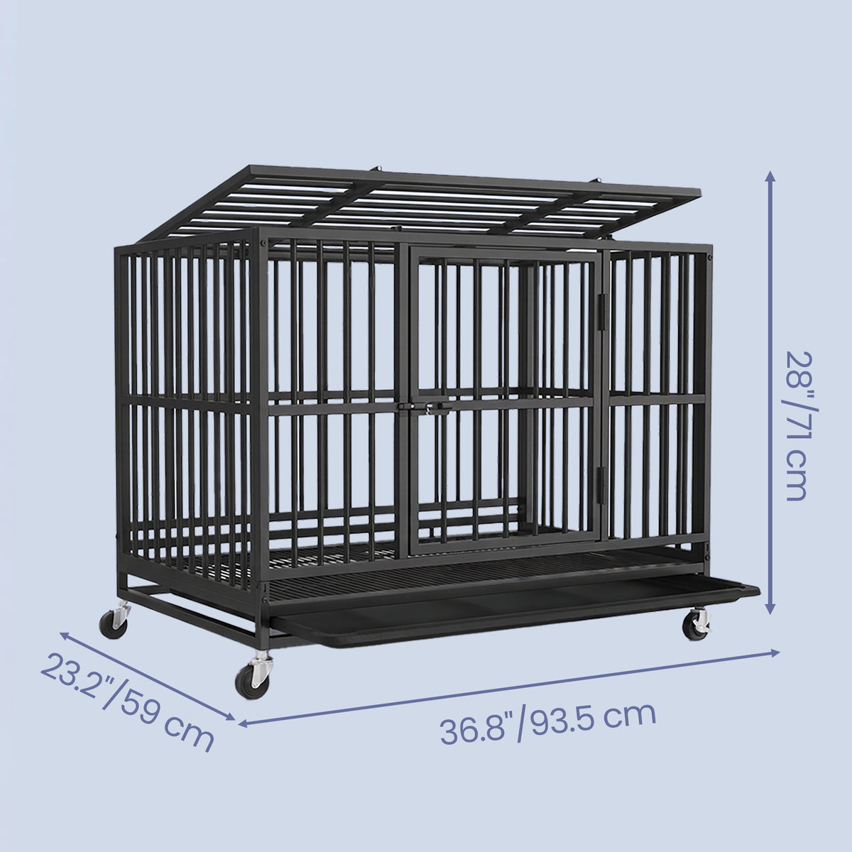Heavy Duty Dog Crate, Foldable Pet Cage with Double Doors and Wheels, 37 x 23 x 28 Inches, Black