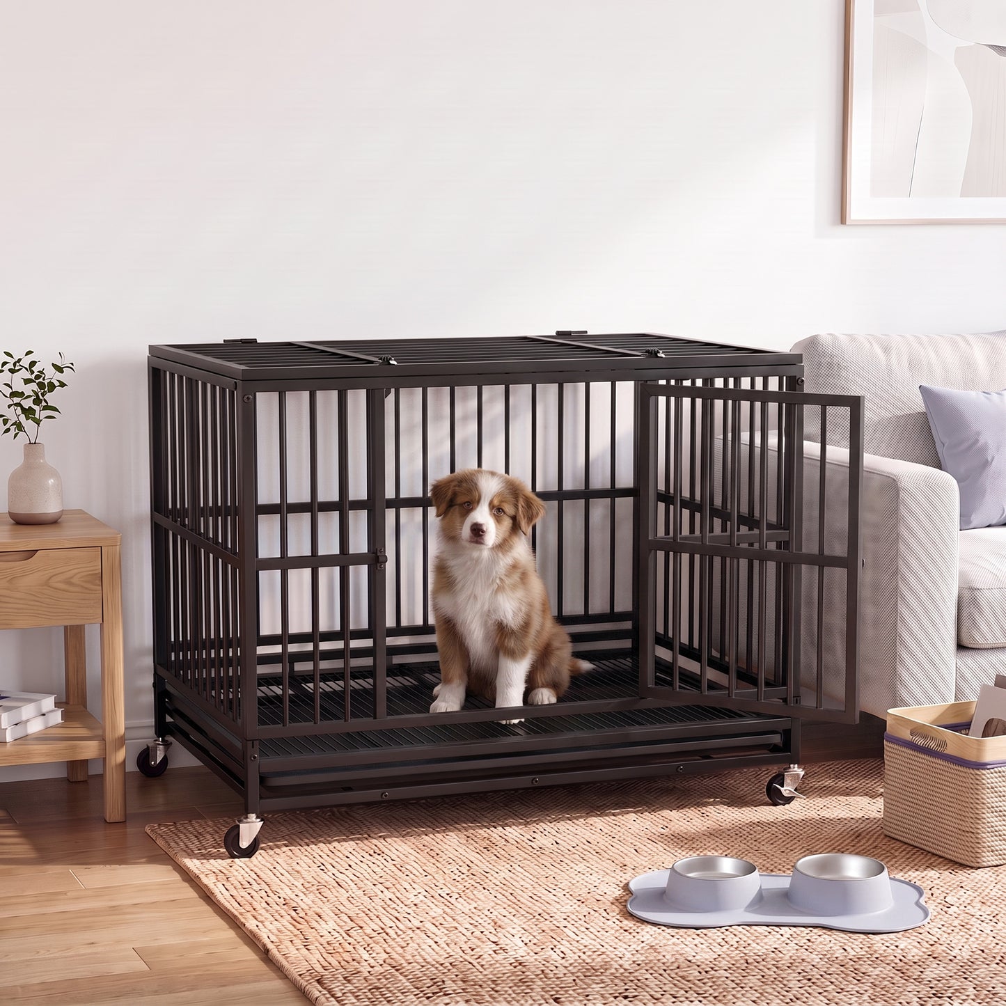 Heavy Duty Dog Crate, Foldable Pet Cage with Double Doors and Wheels, 37 x 23 x 28 Inches, Black