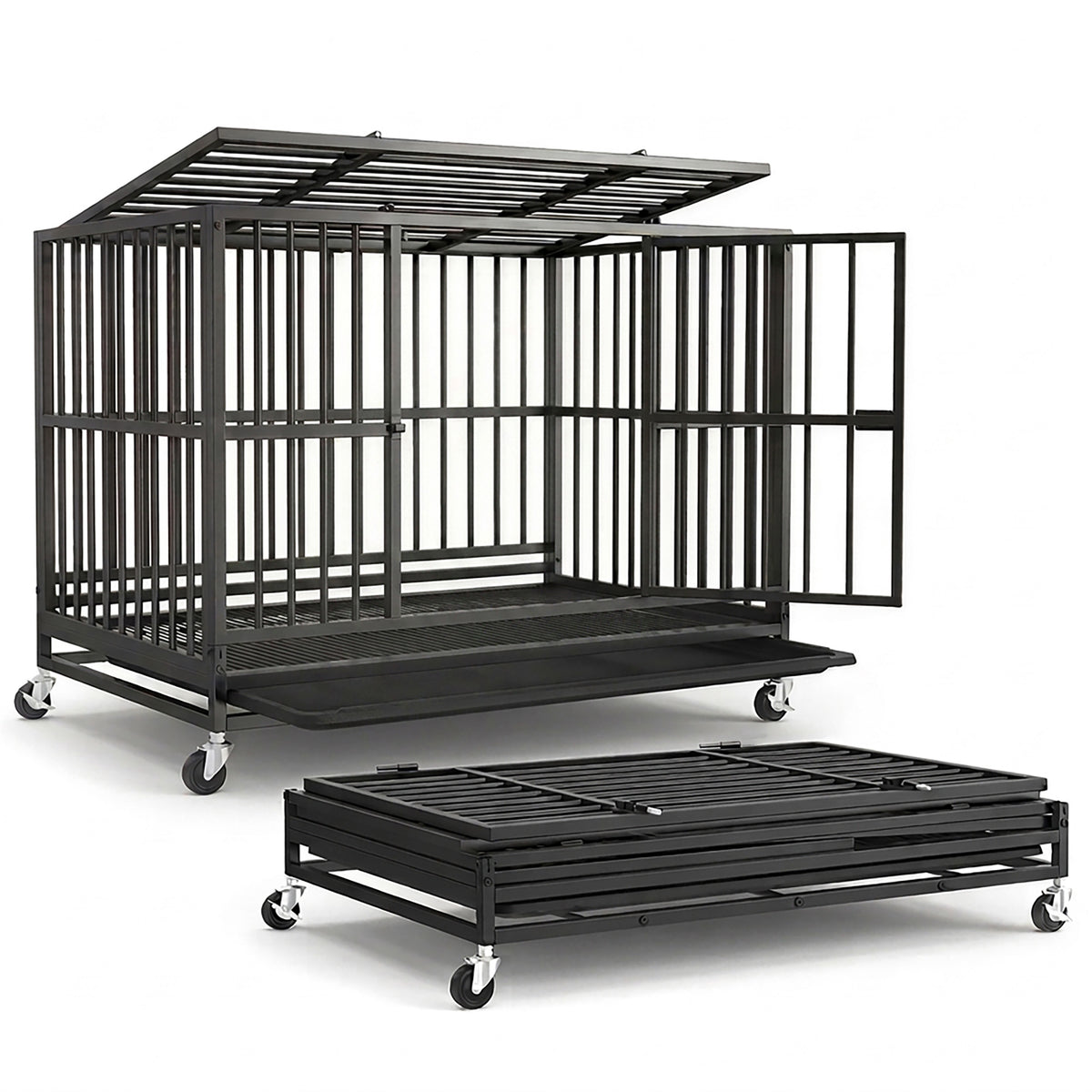 Heavy Duty Dog Crate, Foldable Pet Cage with Double Doors and Wheels, 48 x 29.5 x 34.6 Inches, Black
