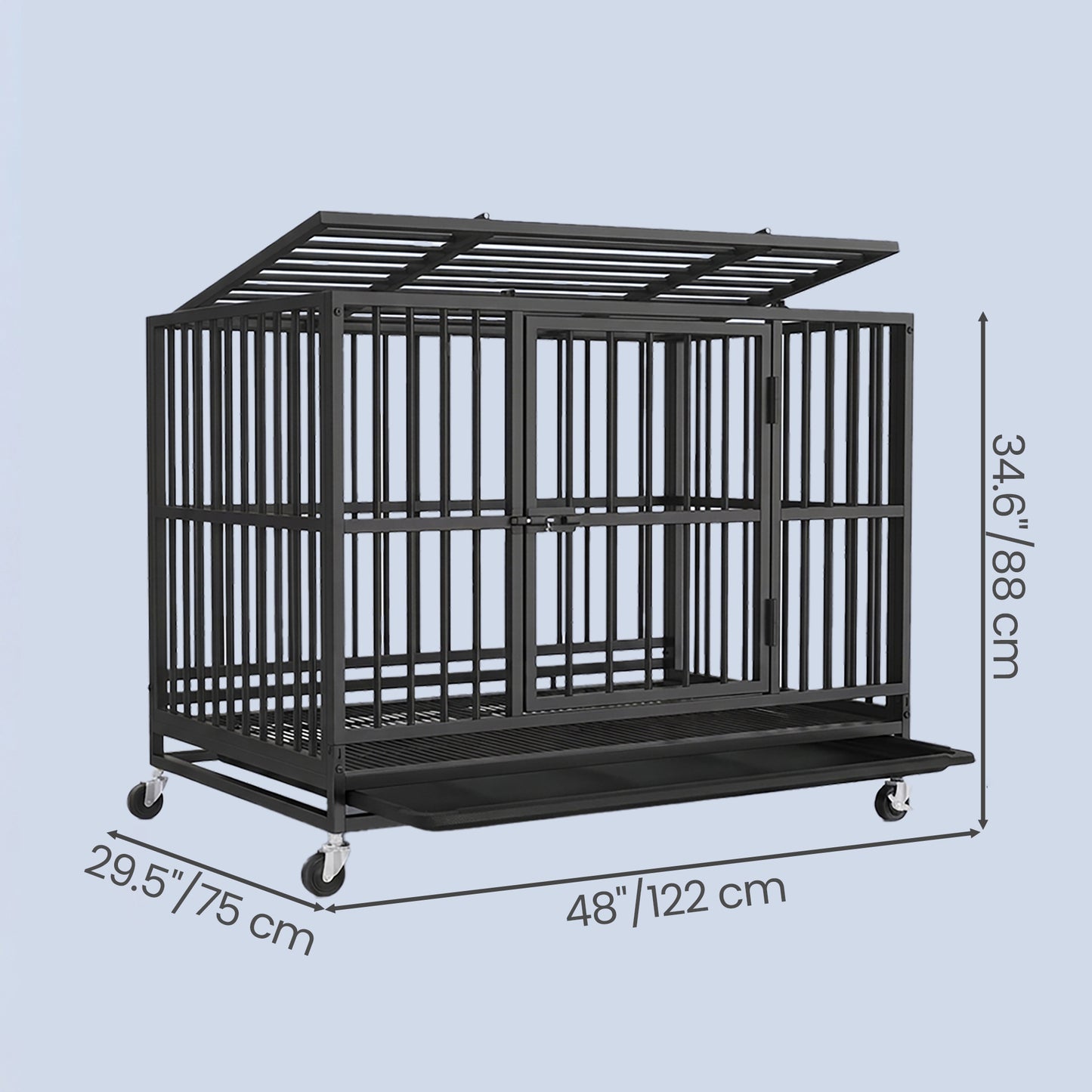 Heavy Duty Dog Crate, Foldable Pet Cage with Double Doors and Wheels, 48 x 29.5 x 34.6 Inches, Black
