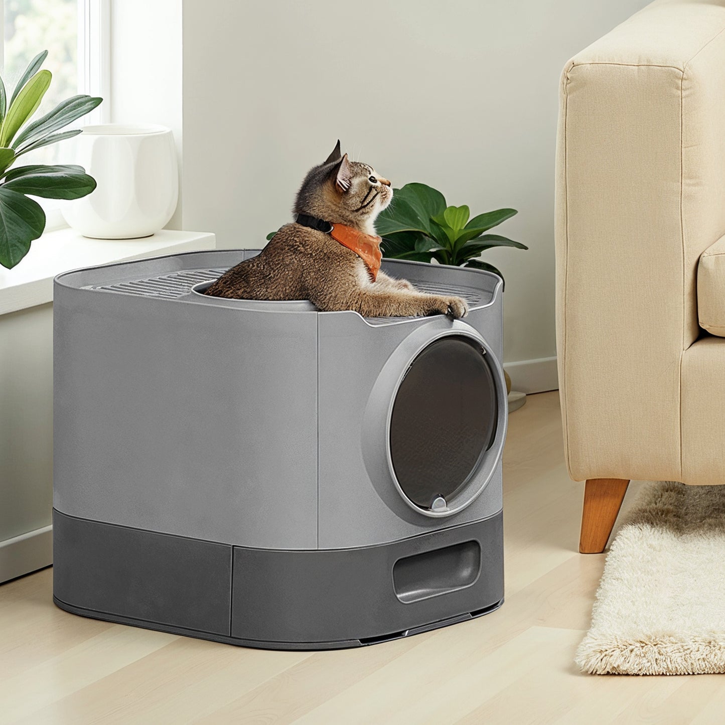 XL Enclosed Cat Litter Box with Slide-Out Tray, Anti-Tracking Top Grate & Adjustable Door, Includes Scoop & Brush, Dove Gray and Slate Gray