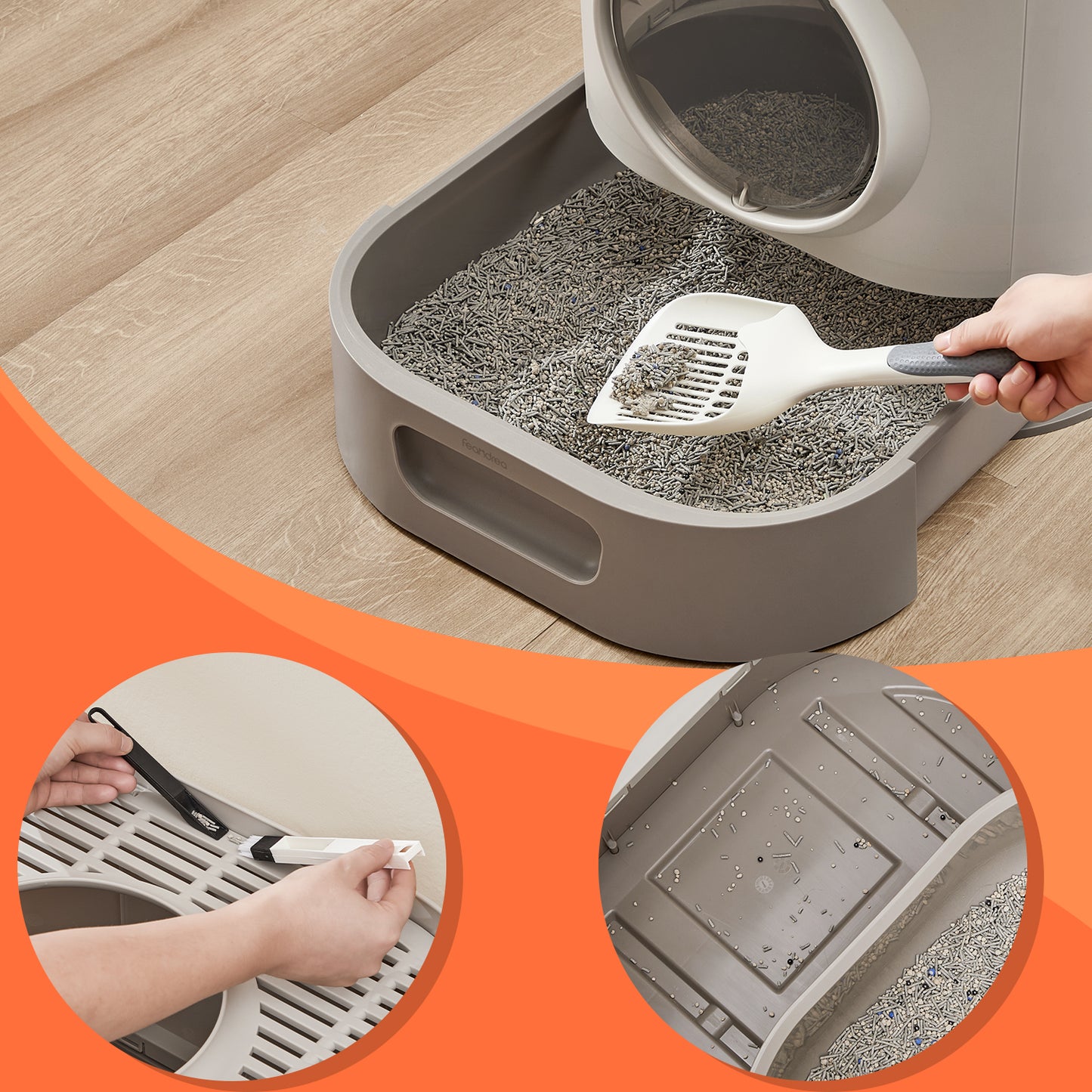 XL Enclosed Cat Litter Box with Slide-Out Tray, Anti-Tracking Top Grate & Adjustable Door, Includes Scoop & Brush, Oatmeal and Warm Gray