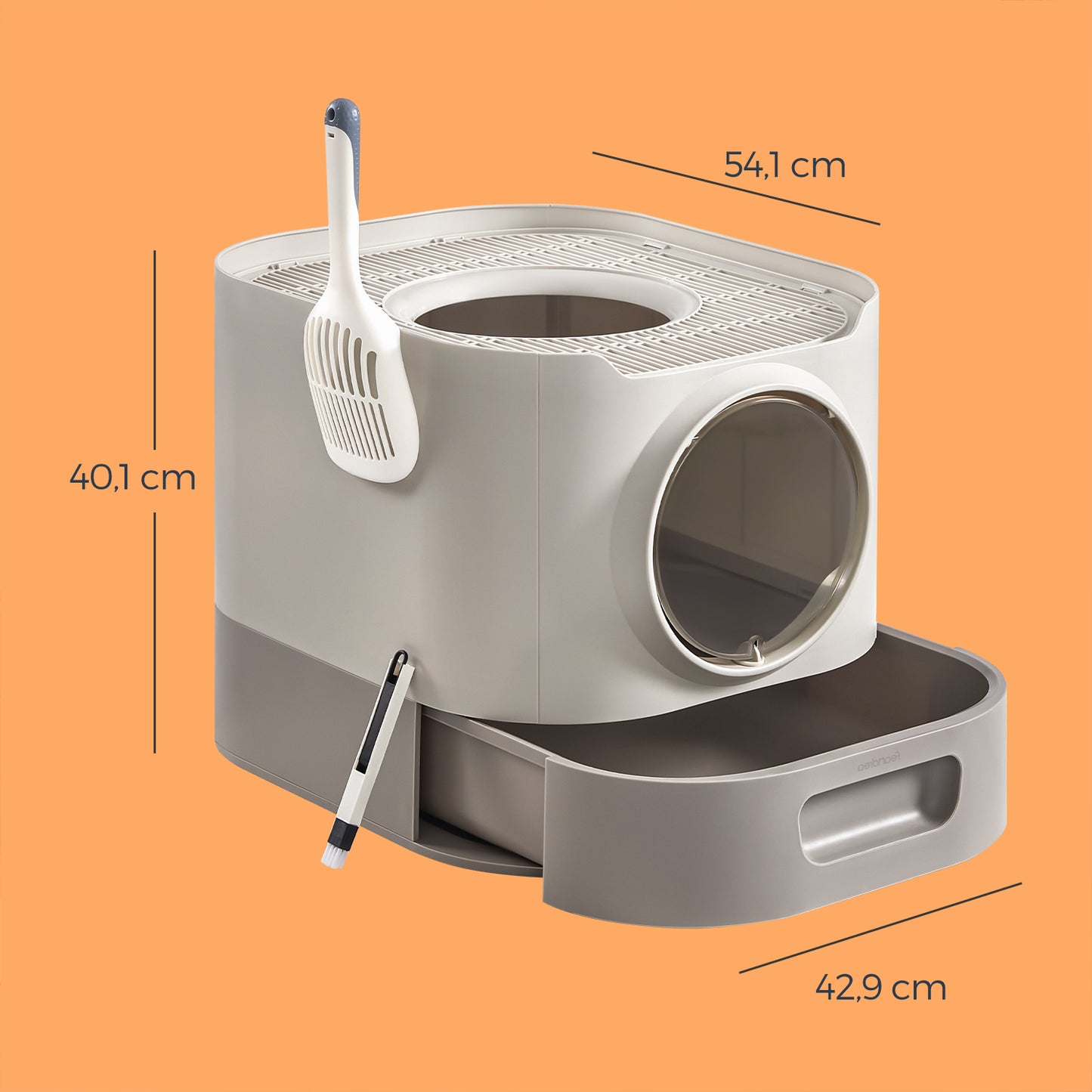 XL Enclosed Cat Litter Box with Slide-Out Tray, Anti-Tracking Top Grate & Adjustable Door, Includes Scoop & Brush, Oatmeal and Warm Gray