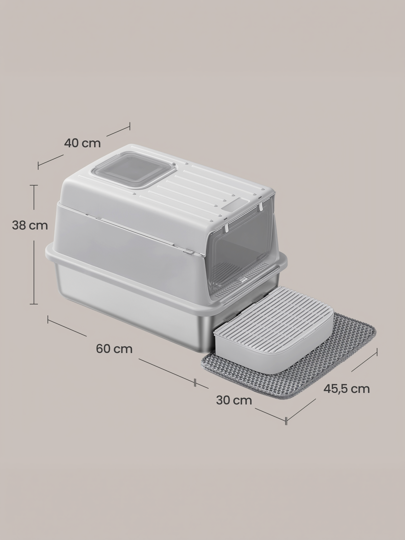 Stainless Steel Cat Litter Box with Flip Lid and Litter Catcher, 2-Door Enclosed Litter Box for Cats up to 33 lb, Light Gray