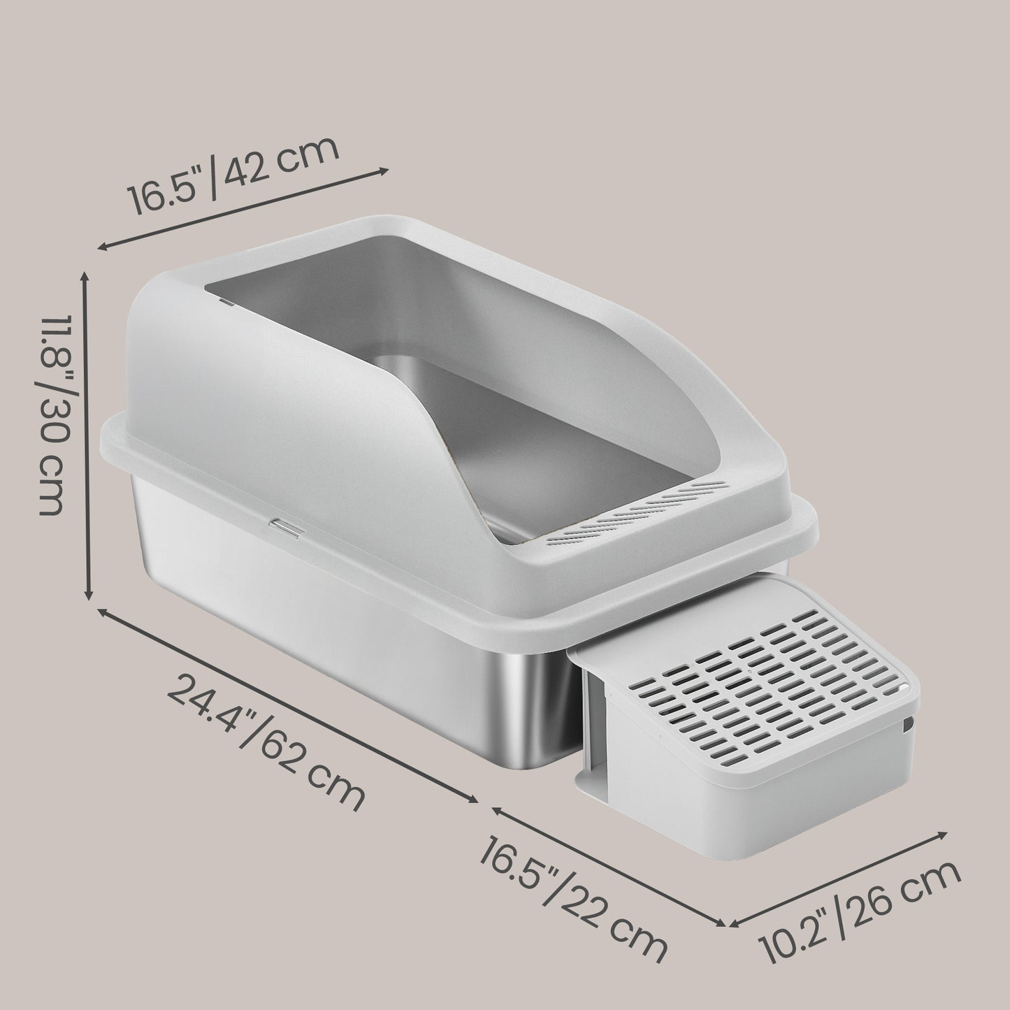 Stainless Steel Open Top Cat Litter Box with Step, High-Sided Litter Tray for Cats up to 33 lb, Dove Gray