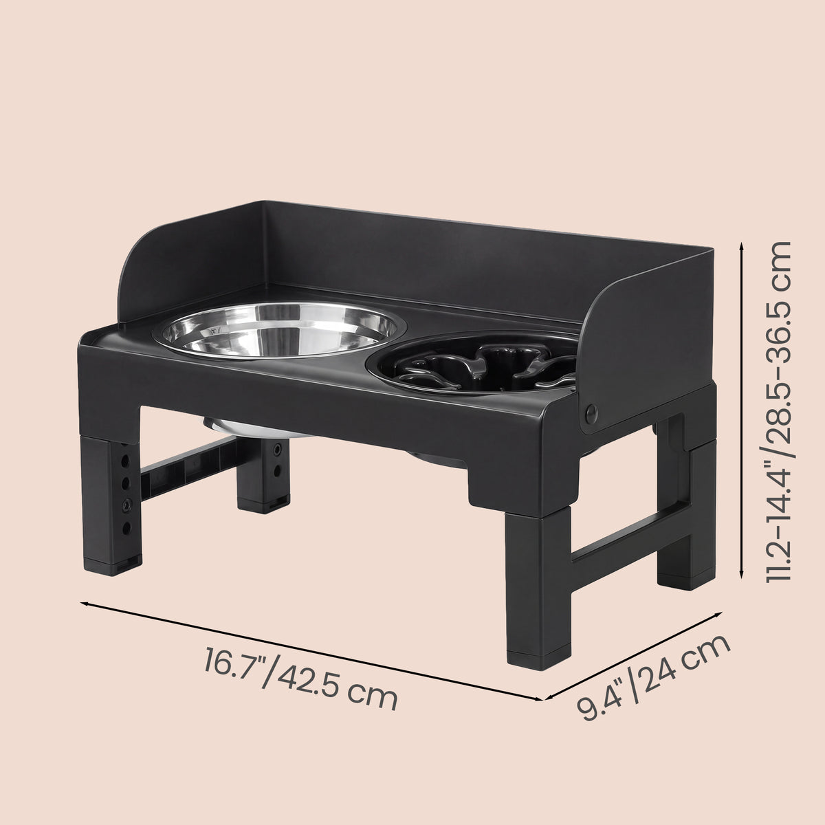 LEDREM Elevated Dog Bowls, Adjustable Stand with Slow Feeder and Splash Guard, 16.7 x 9.4 x 14.4 inches, Black
