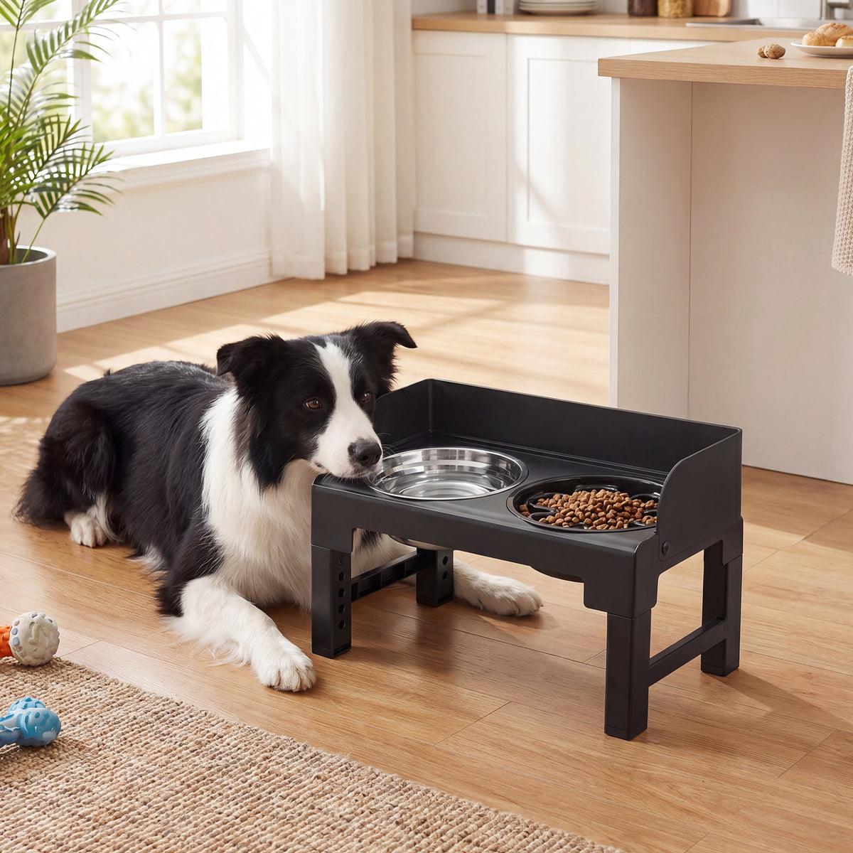 LEDREM Elevated Dog Bowls, Adjustable Stand with Slow Feeder and Splash Guard, 16.7 x 9.4 x 14.4 inches, Black