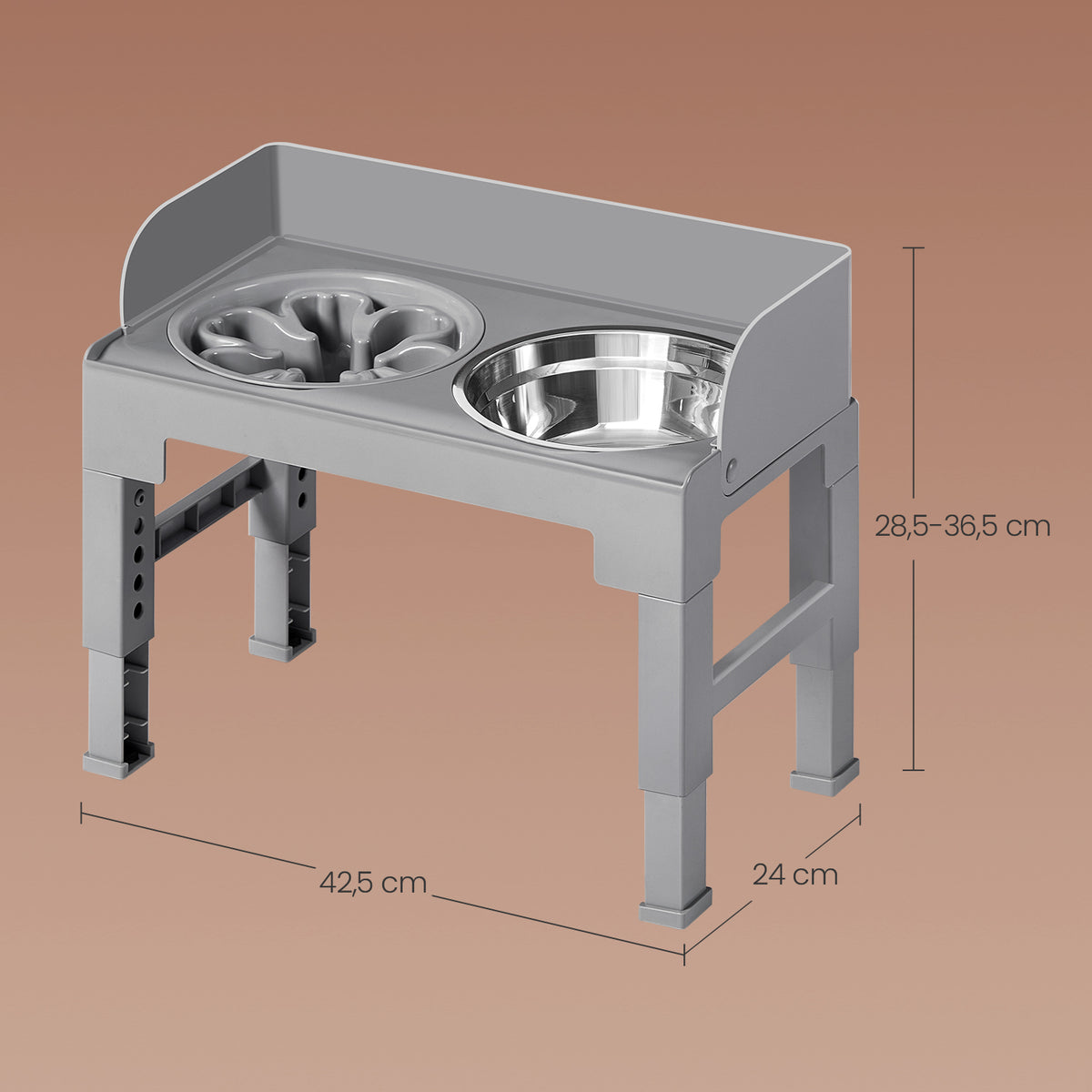 LEDREM Elevated Dog Bowls, Adjustable Stand with Slow Feeder and Splash Guard, 16.7 x 9.4 x 14.4 inches, Gray