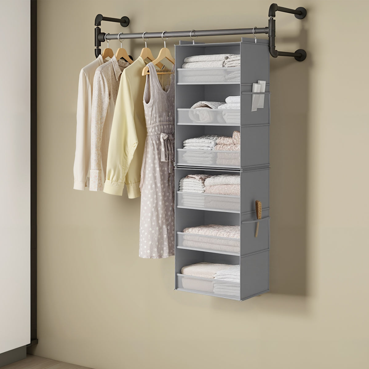 LEDREM Foldable Hanging Closet Organizer, 6-Tier Non-Woven Fabric Storage Shelf, Steel Hooks and Bamboo Inserts, Gray