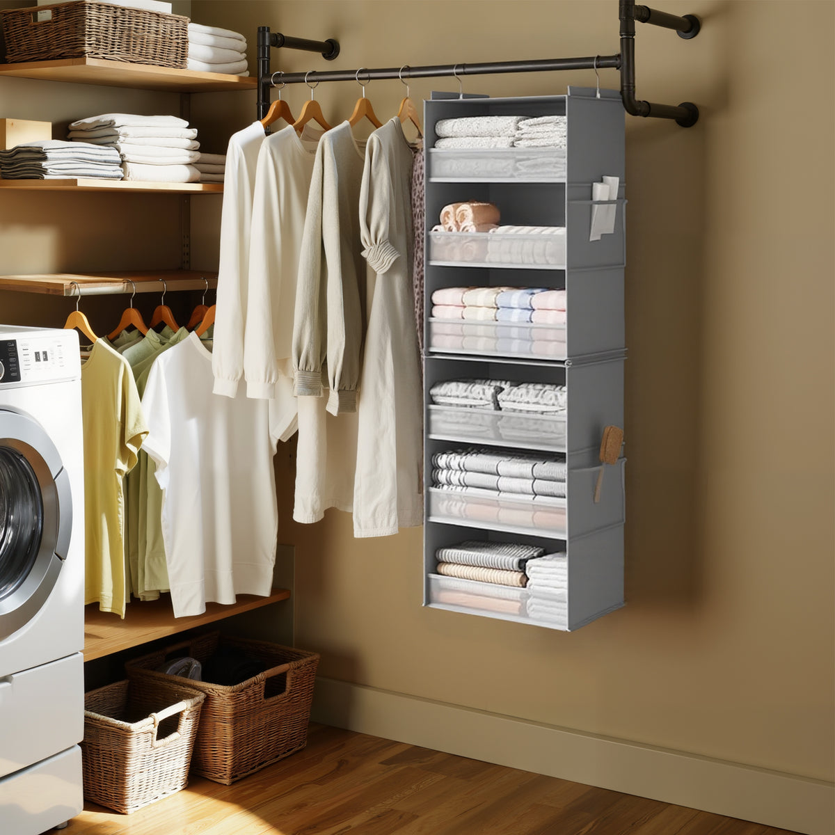 LEDREM Foldable Hanging Closet Organizer, 6-Tier Non-Woven Fabric Storage Shelf, Steel Hooks and Bamboo Inserts, Gray