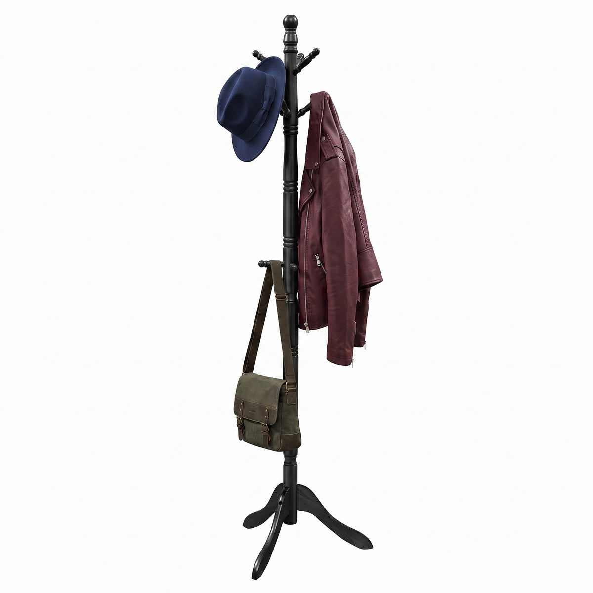 Solid Wood Coat Rack, Freestanding Hat Tree Stand with 9 Hooks, 20.1 x 17.5 x 70.9 inches, Black