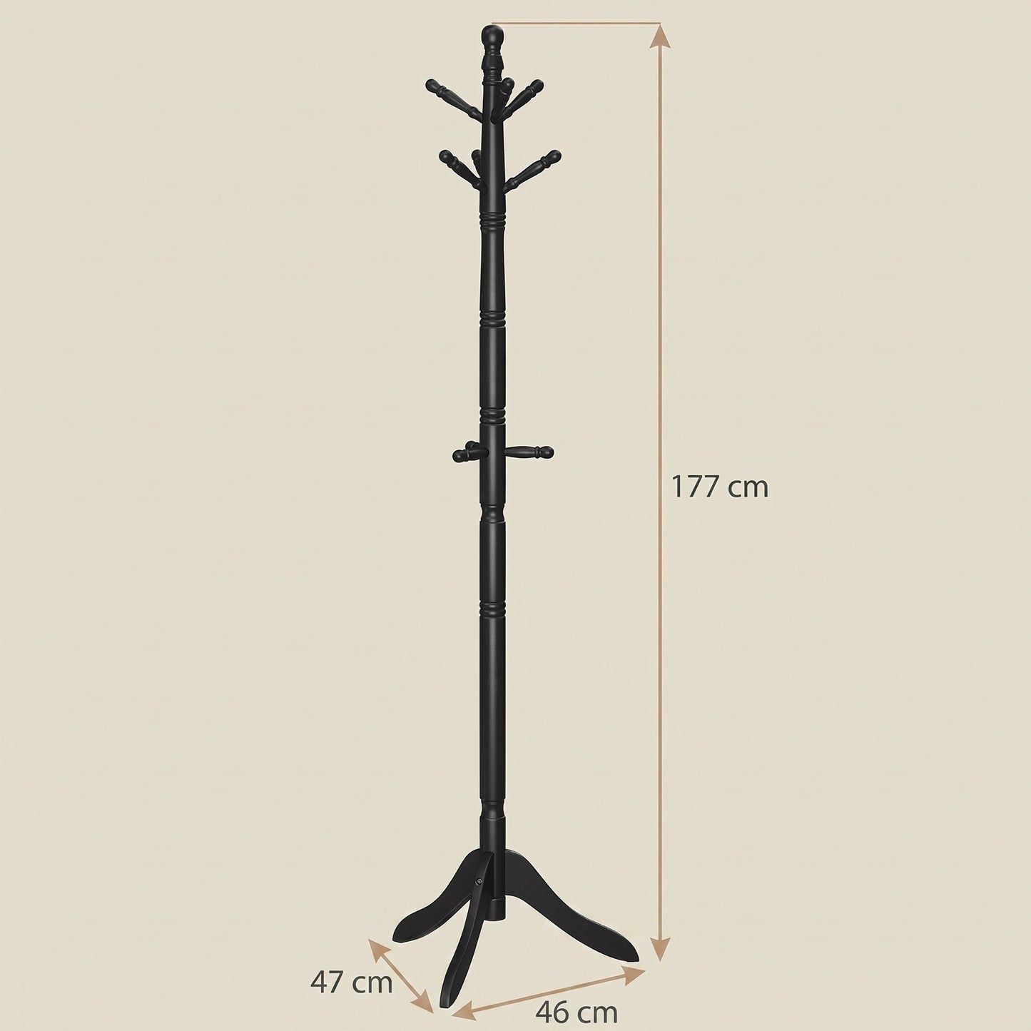 Solid Wood Coat Rack, Freestanding Hat Tree Stand with 9 Hooks, 20.1 x 17.5 x 70.9 inches, Black
