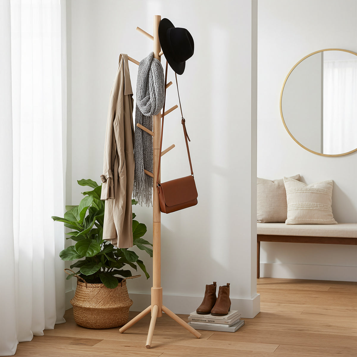 LEDREM Solid Wood Tree-Shaped Free-Standing Coat Rack, with 8 Hooks and 3 Height Options for Clothes, Hats and Bags, Natural