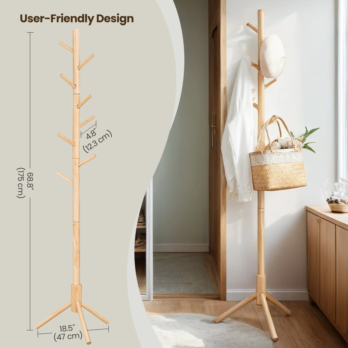 LEDREM Solid Wood Tree-Shaped Free-Standing Coat Rack, with 8 Hooks and 3 Height Options for Clothes, Hats and Bags, Natural