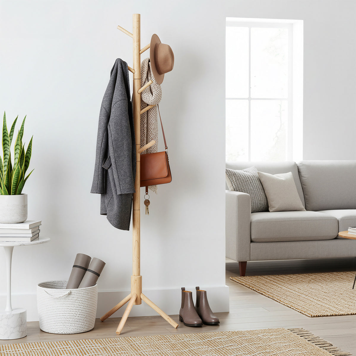 LEDREM Solid Wood Tree-Shaped Free-Standing Coat Rack, with 8 Hooks and 3 Height Options for Clothes, Hats and Bags, Natural