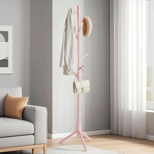 Free-Standing Tree Coat Rack, Solid Wood with 8 Hooks, Adjustable 3-Section Height, for Hats,Bags,Clothes, Stable Triangular Base, Space-Saving, Jelly Pink