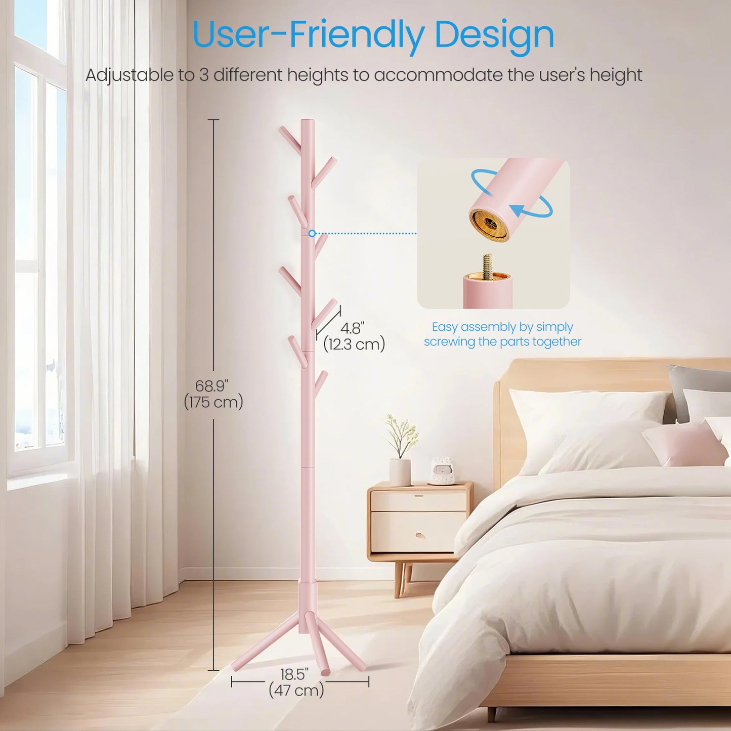 Free-Standing Tree Coat Rack, Solid Wood with 8 Hooks, Adjustable 3-Section Height, for Hats,Bags,Clothes, Stable Triangular Base, Space-Saving, Jelly Pink