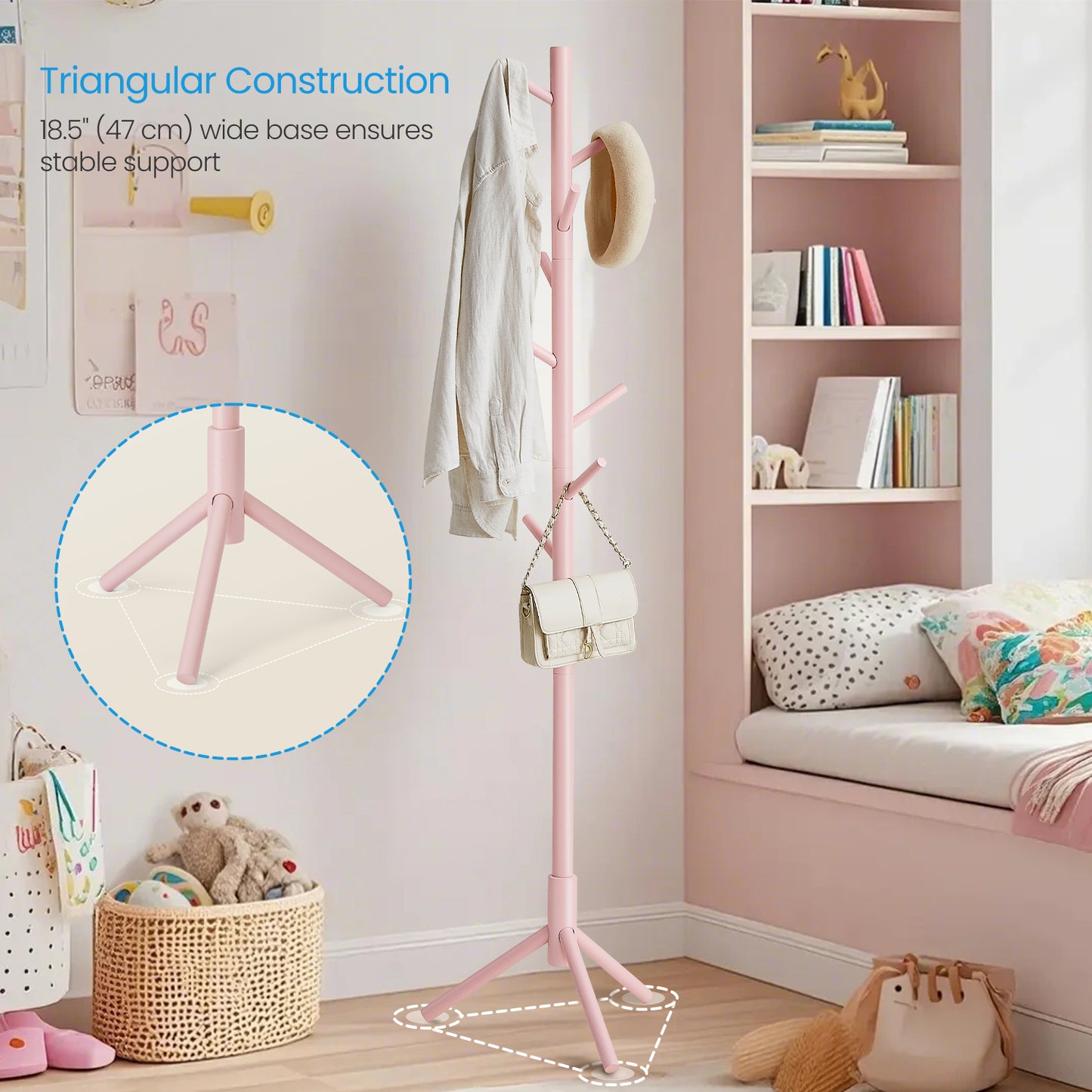 Free-Standing Tree Coat Rack, Solid Wood with 8 Hooks, Adjustable 3-Section Height, for Hats,Bags,Clothes, Stable Triangular Base, Space-Saving, Jelly Pink
