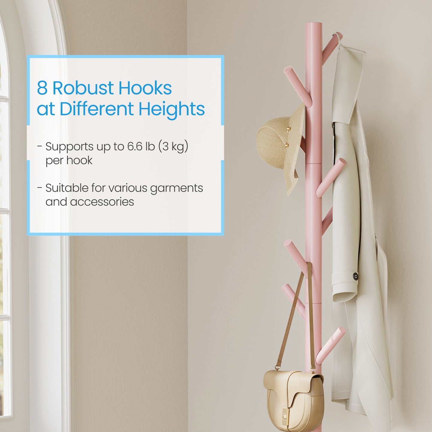 Free-Standing Tree Coat Rack, Solid Wood with 8 Hooks, Adjustable 3-Section Height, for Hats,Bags,Clothes, Stable Triangular Base, Space-Saving, Jelly Pink