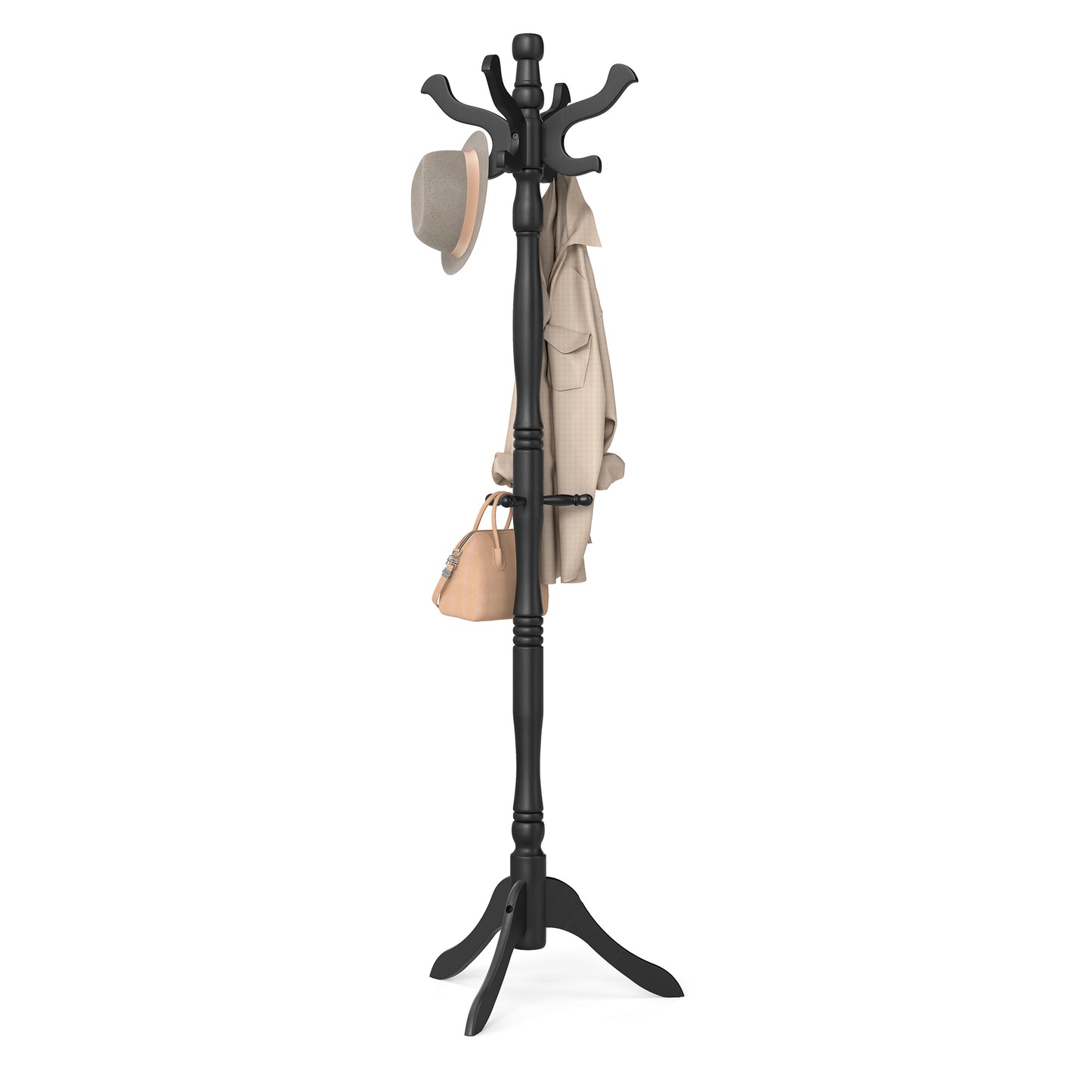 Solid Wood Coat Rack, Freestanding Hat Tree Stand with 9 Hooks, 20.5 x 17.8 x 70.9 inches, Black